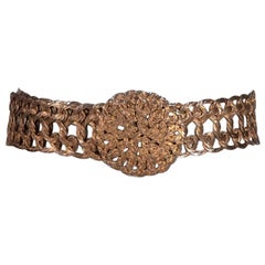 Woven Silvery Gold Tone Metal Thread Buckle and Belt c. 1970s