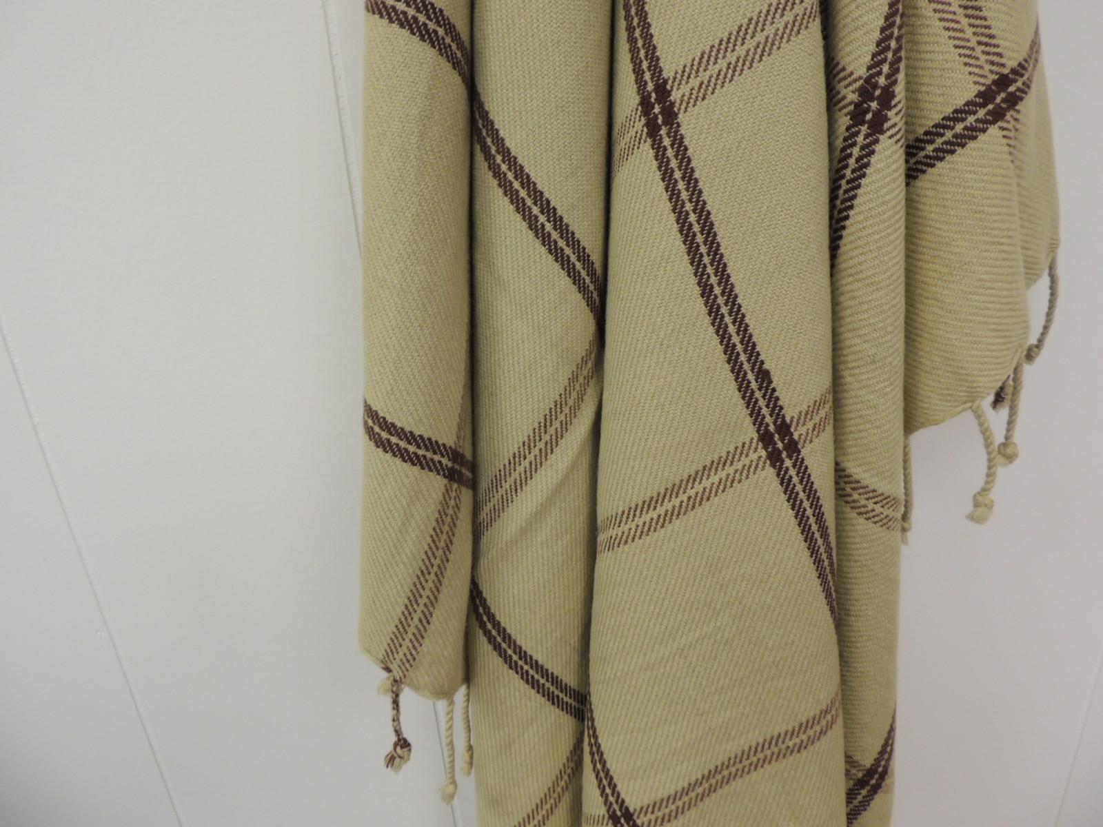 Organic Modern Woven Green and Brown Himalayan Cashmere Throw with Hand Knotted Fringes
