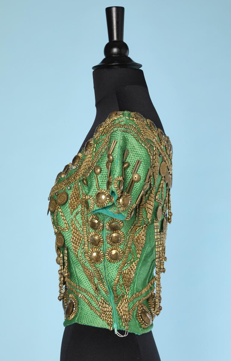 Woven green silk top embroidered with pearls and gold pieces Gianni Versace In Good Condition For Sale In Saint-Ouen-Sur-Seine, FR