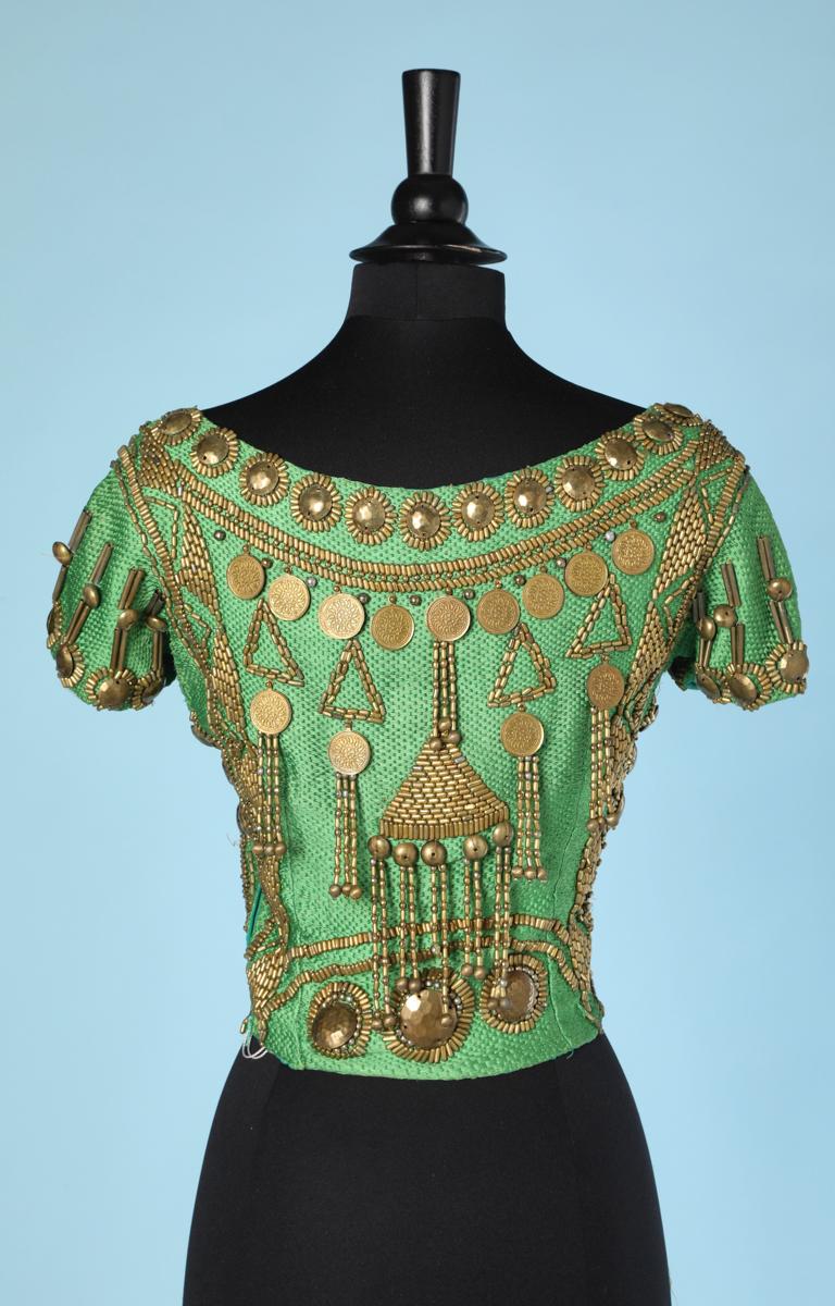 Gray Woven green silk top embroidered with pearls and gold pieces Gianni Versace