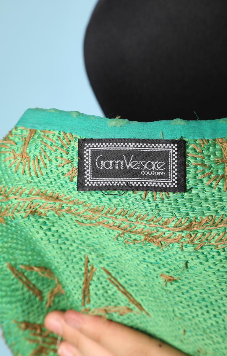 Woven green silk top embroidered with pearls and gold pieces Gianni Versace For Sale 2