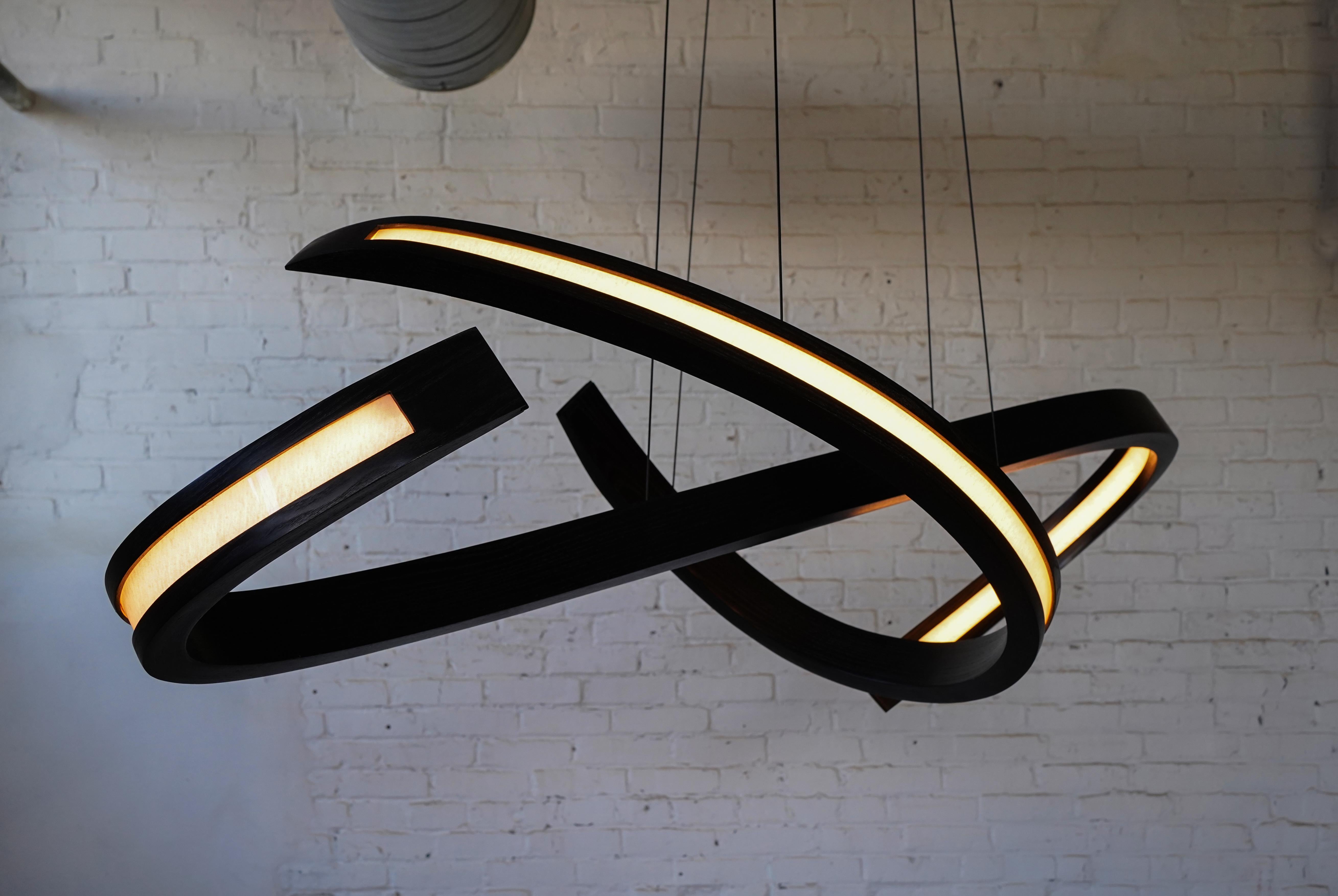 Ash Woven, Hanging Multi-Element Freeform Wooden Pendant Light For Sale