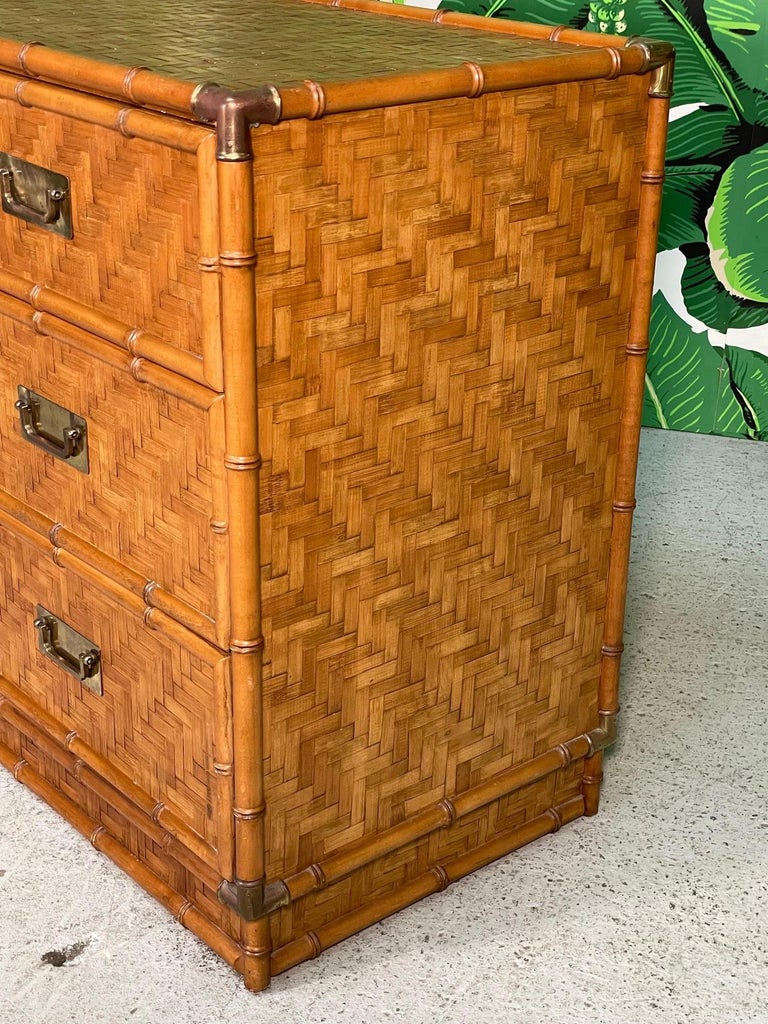Woven Herringbone Rattan and Brass Faux Bamboo Dresser at 1stDibs