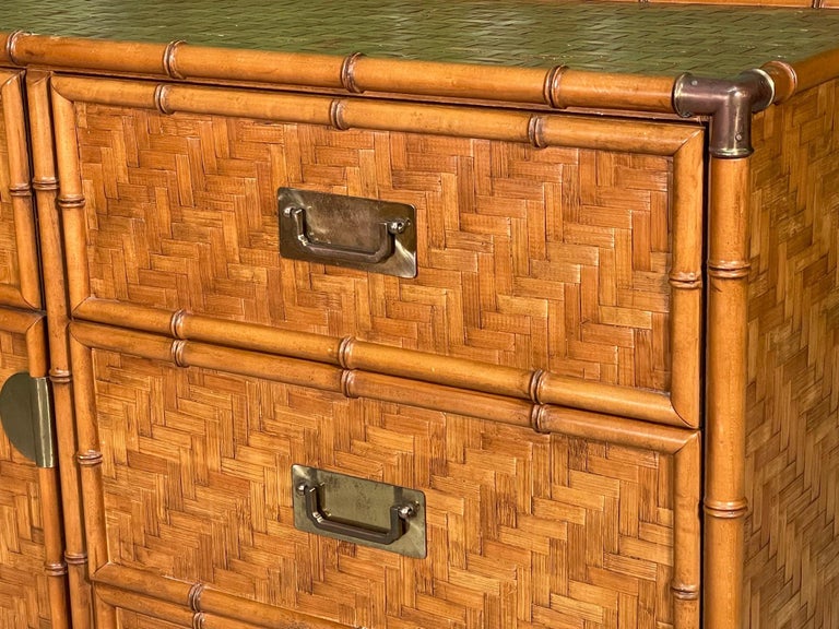 Woven Herringbone Rattan and Brass Faux Bamboo Dresser at 1stDibs