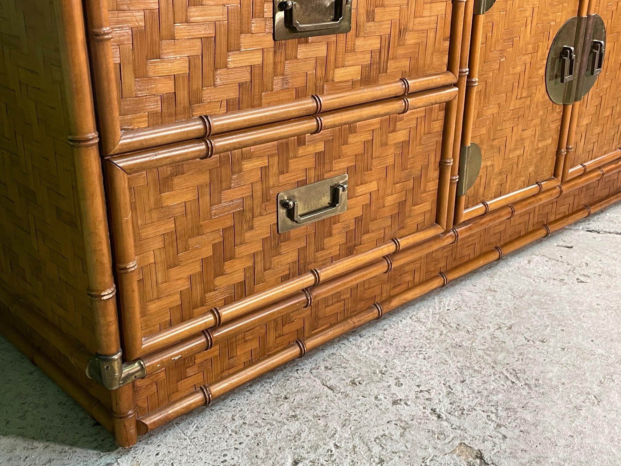 Organic Modern Woven Herringbone Rattan and Brass Faux Bamboo Dresser