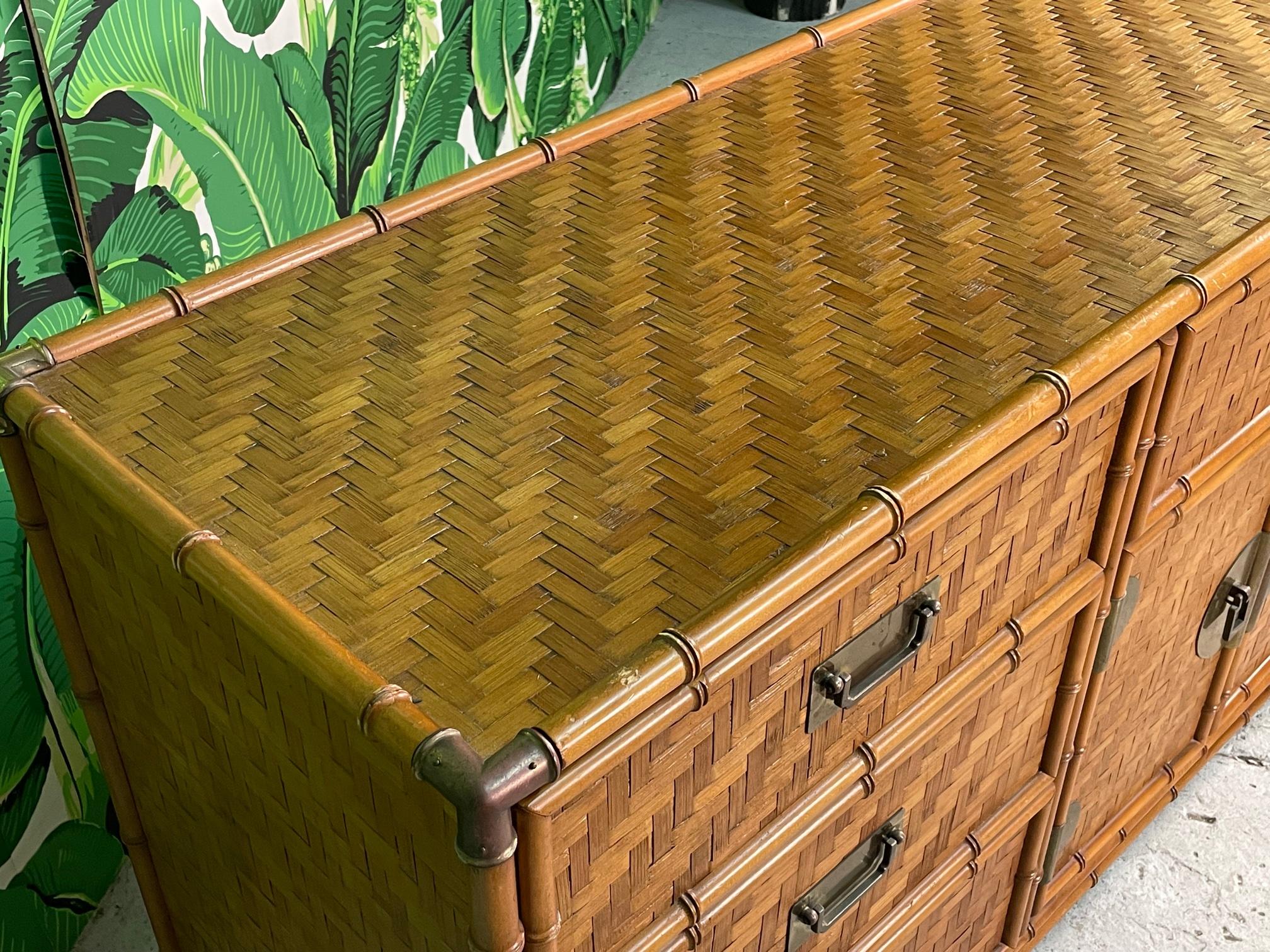 American Woven Herringbone Rattan and Brass Faux Bamboo Dresser