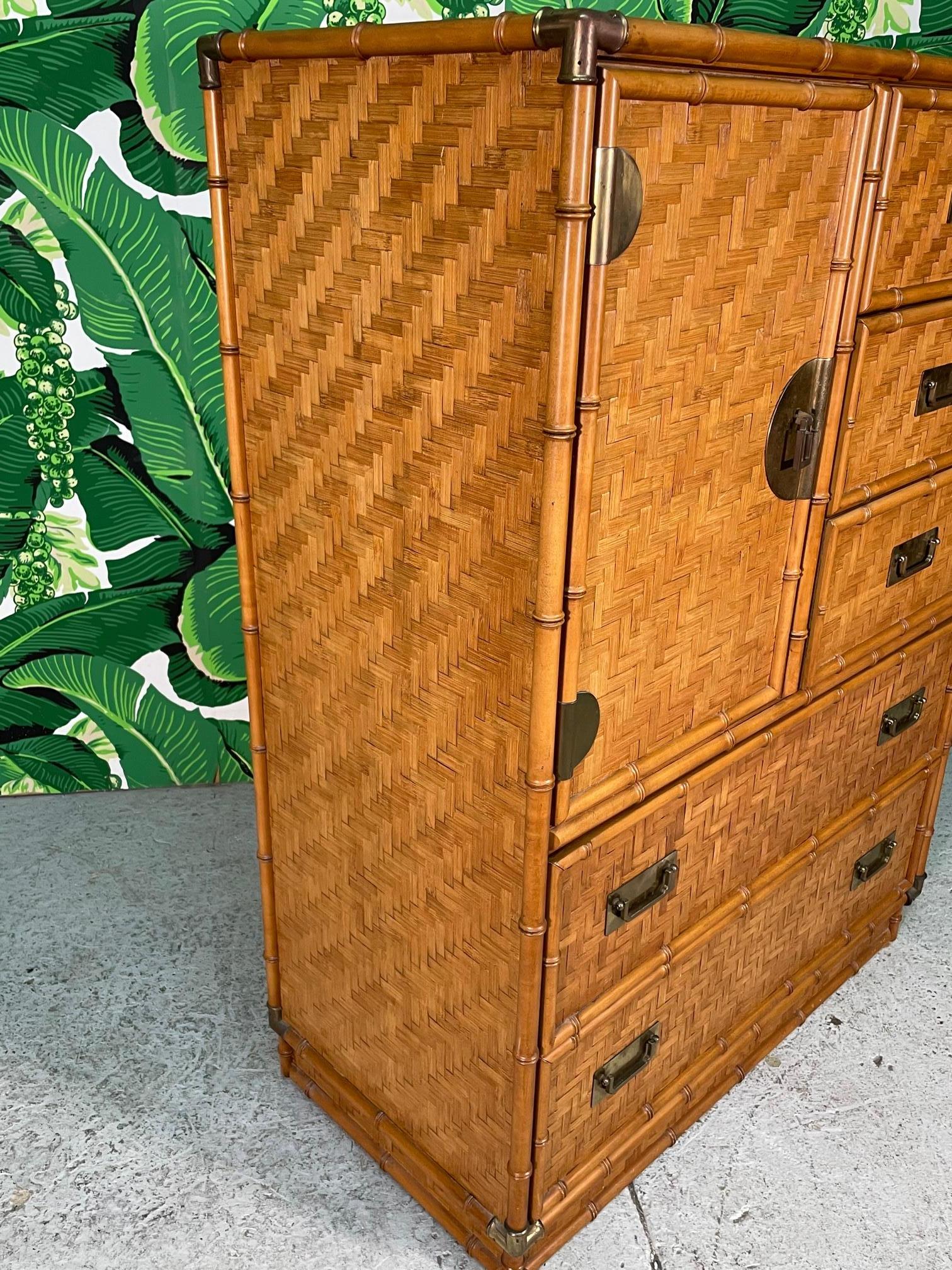 Organic Modern Woven Herringbone Rattan and Brass Faux Bamboo Gentleman's Dresser