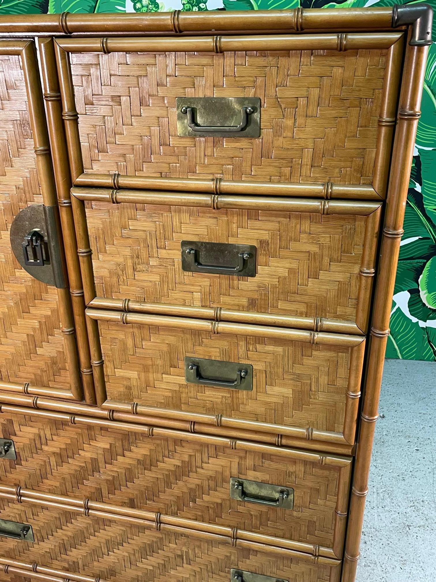 Woven Herringbone Rattan and Brass Faux Bamboo Gentleman's Dresser In Good Condition In Jacksonville, FL