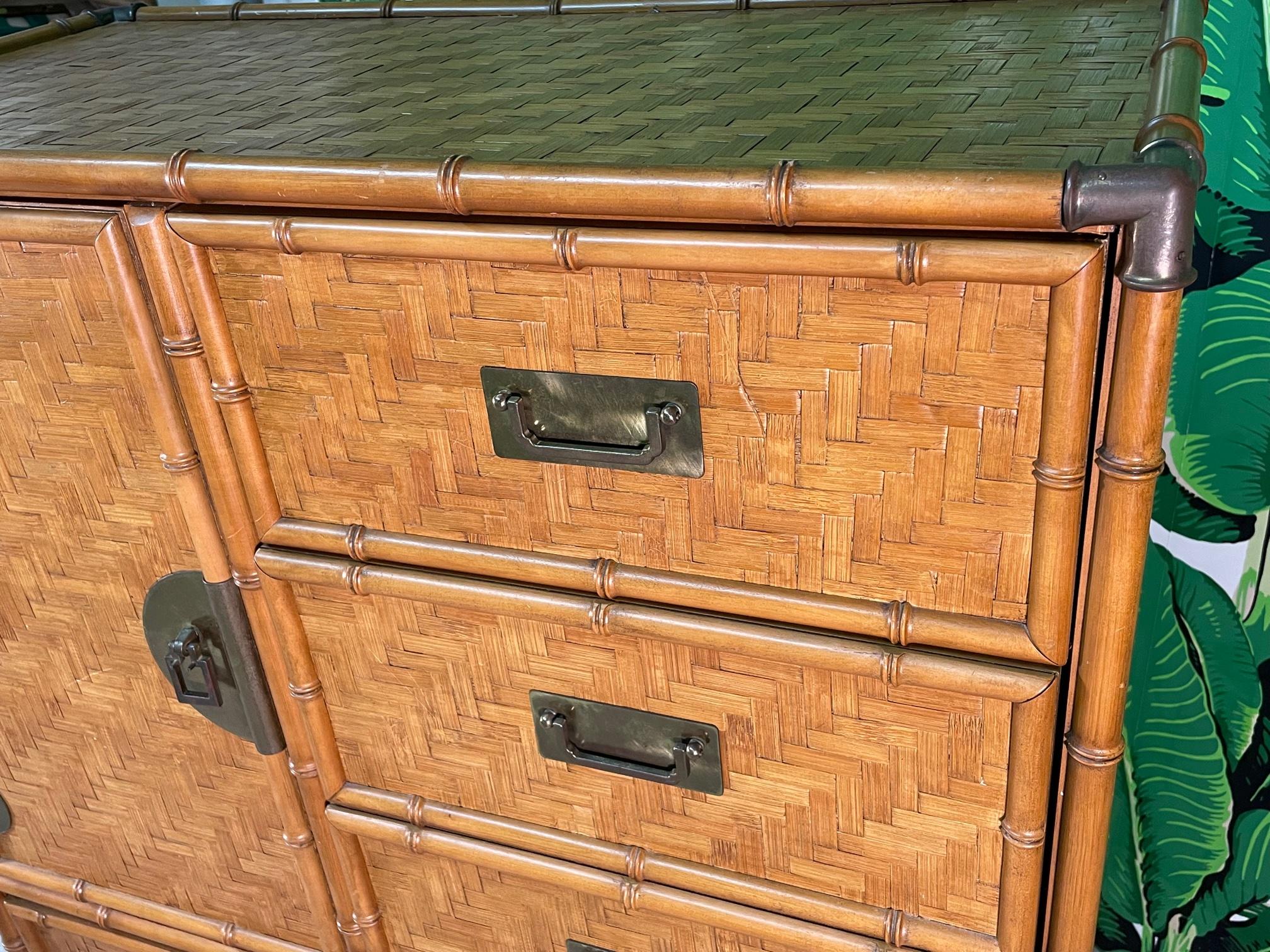 Late 20th Century Woven Herringbone Rattan and Brass Faux Bamboo Gentleman's Dresser