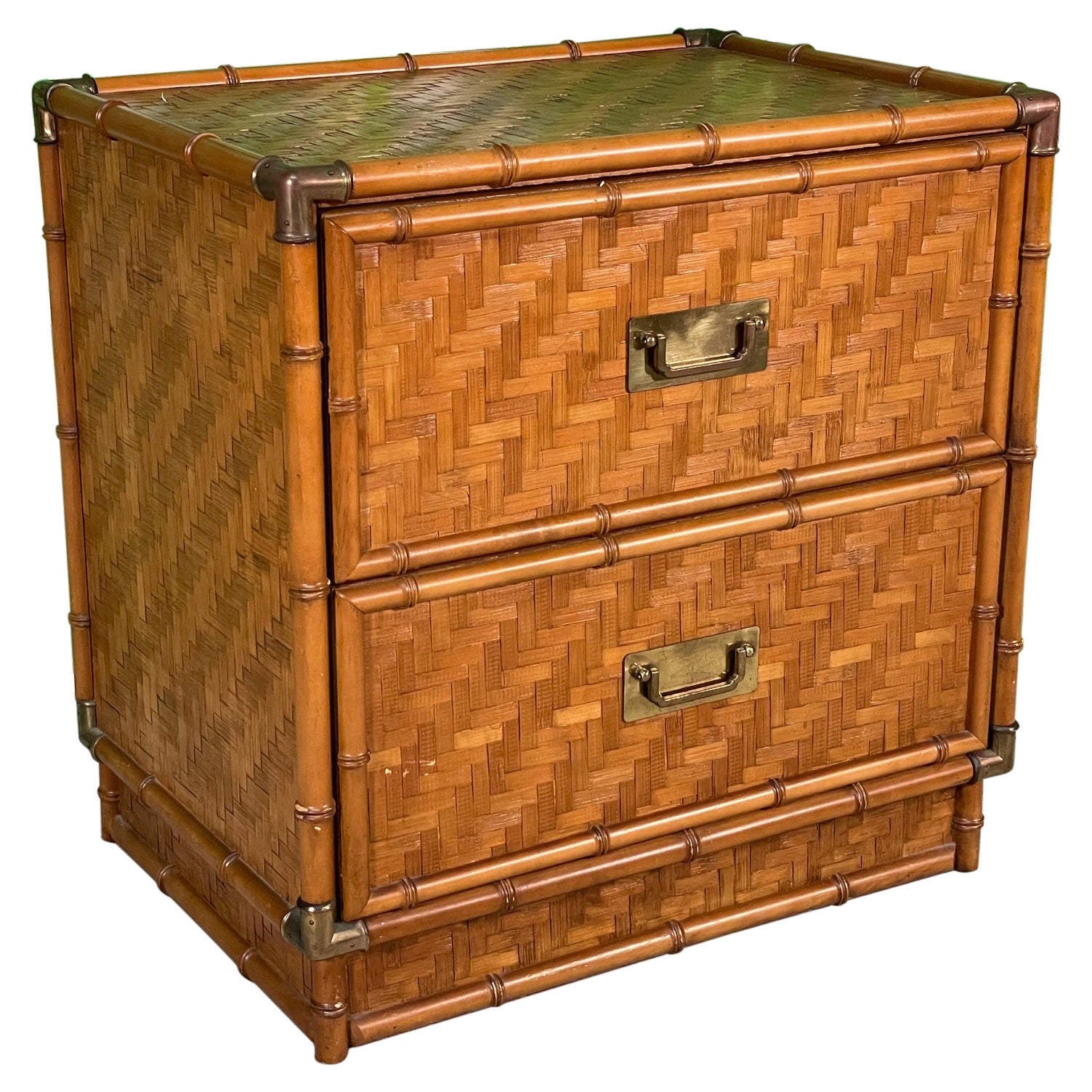 Woven Herringbone Rattan and Brass Faux Bamboo Nightstand