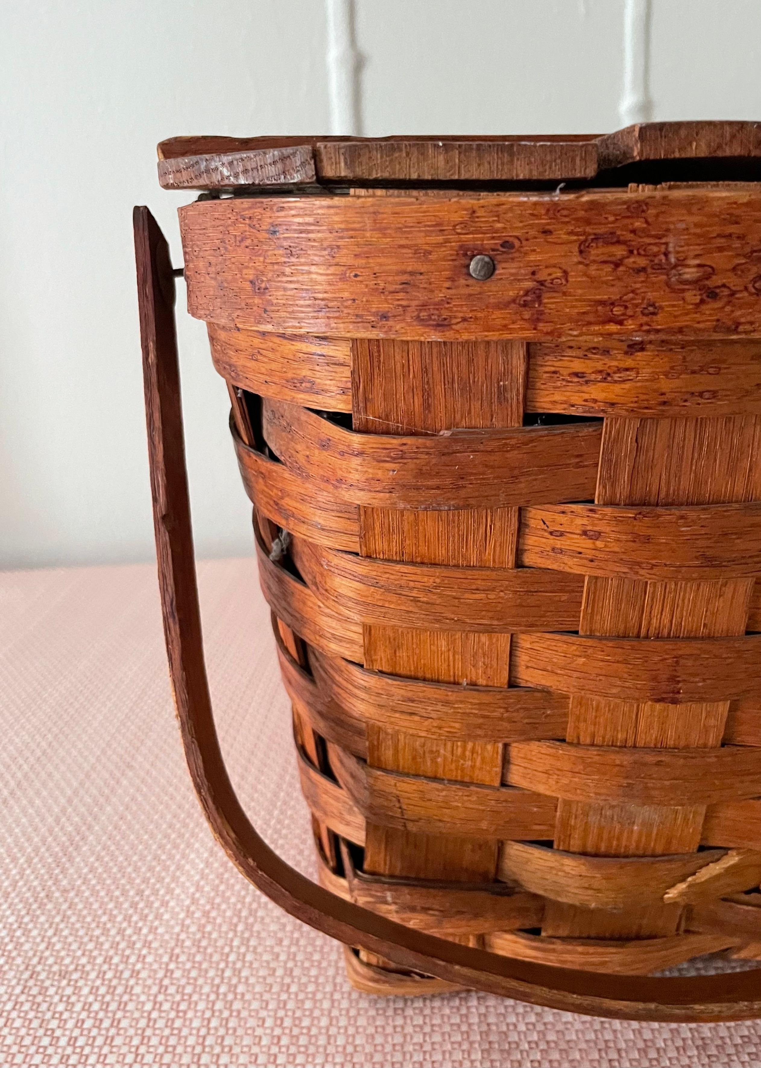 20th Century Woven Hinged Lid Picnic Basket with Handles For Sale