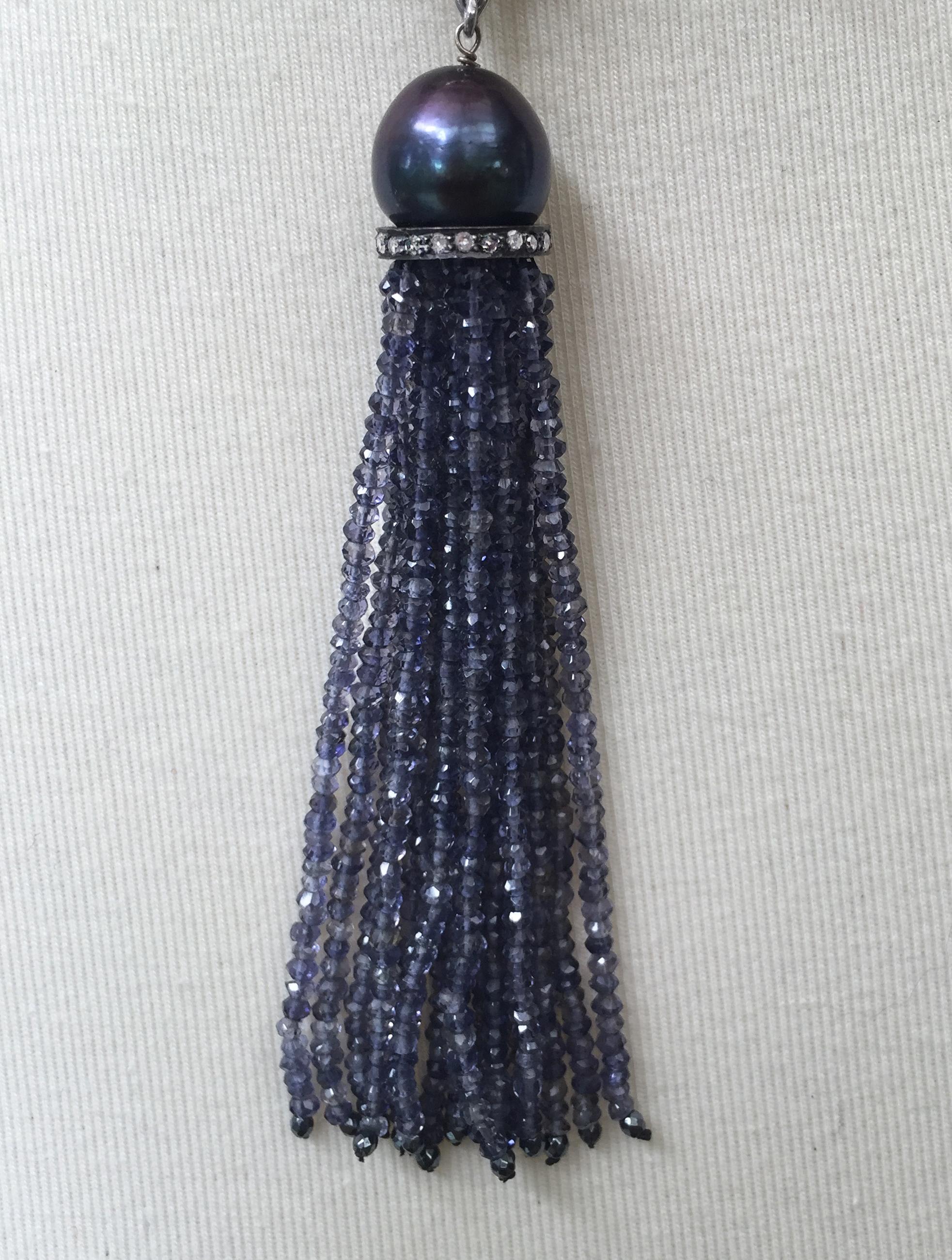 Artisan Marina j Woven Iolite Sautoir With a Black Pearl Tassel and a 14k Gold Clasp