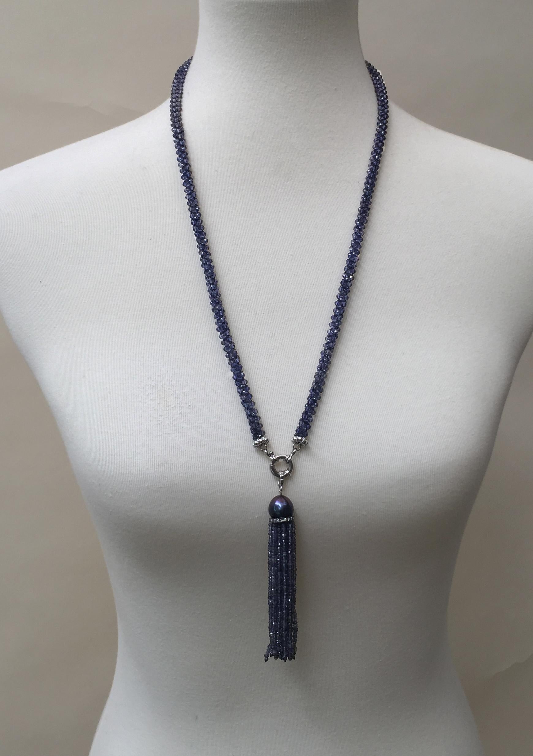 Marina j Woven Iolite Sautoir With a Black Pearl Tassel and a 14k Gold Clasp In New Condition In Los Angeles, CA