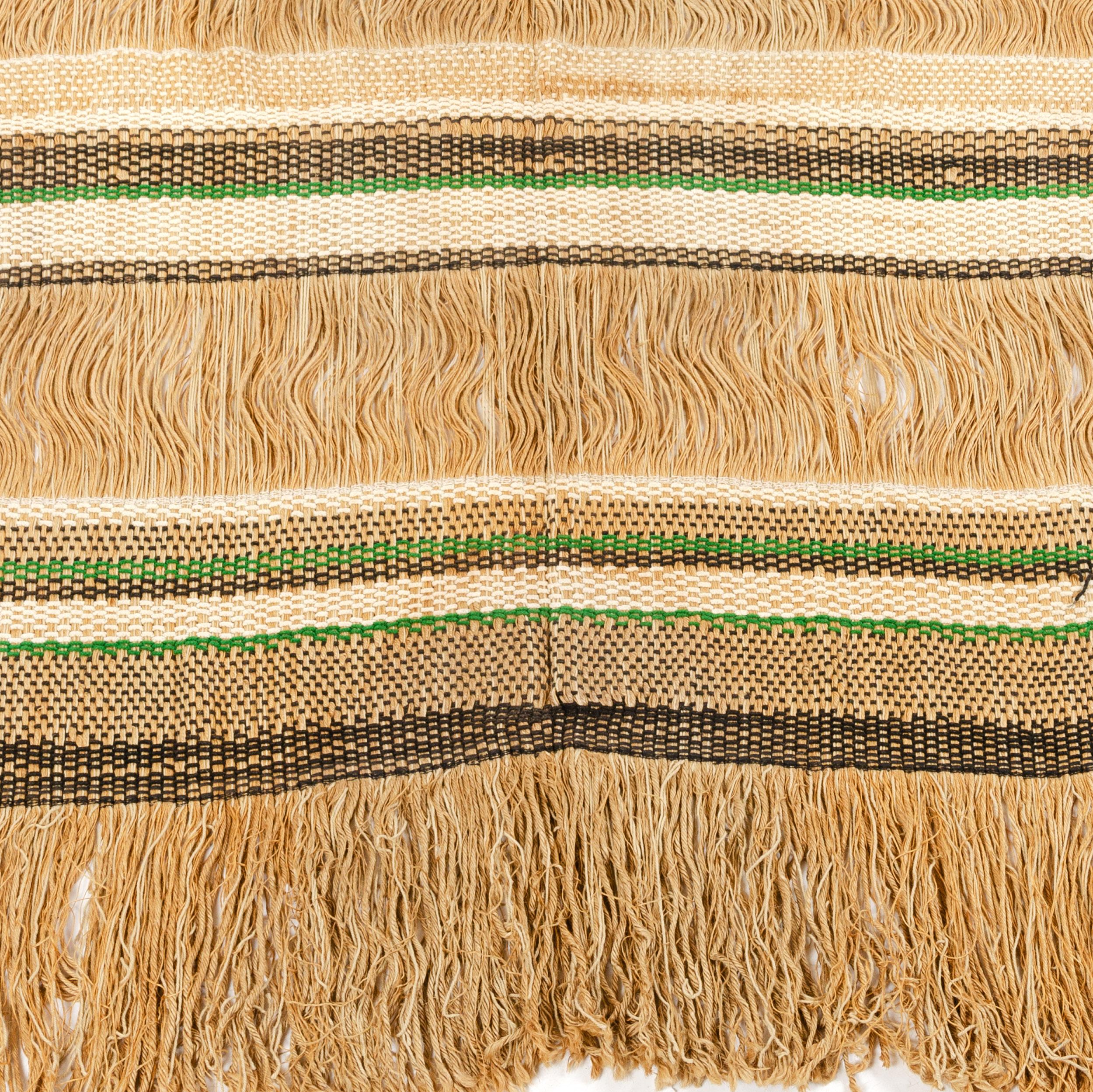 A Mid-Century Modern tapestry of woven jute and chenille in off-white, camel, dark brown and vibrant green. Model '9001' with original tag. Made in the USA, 1950s.