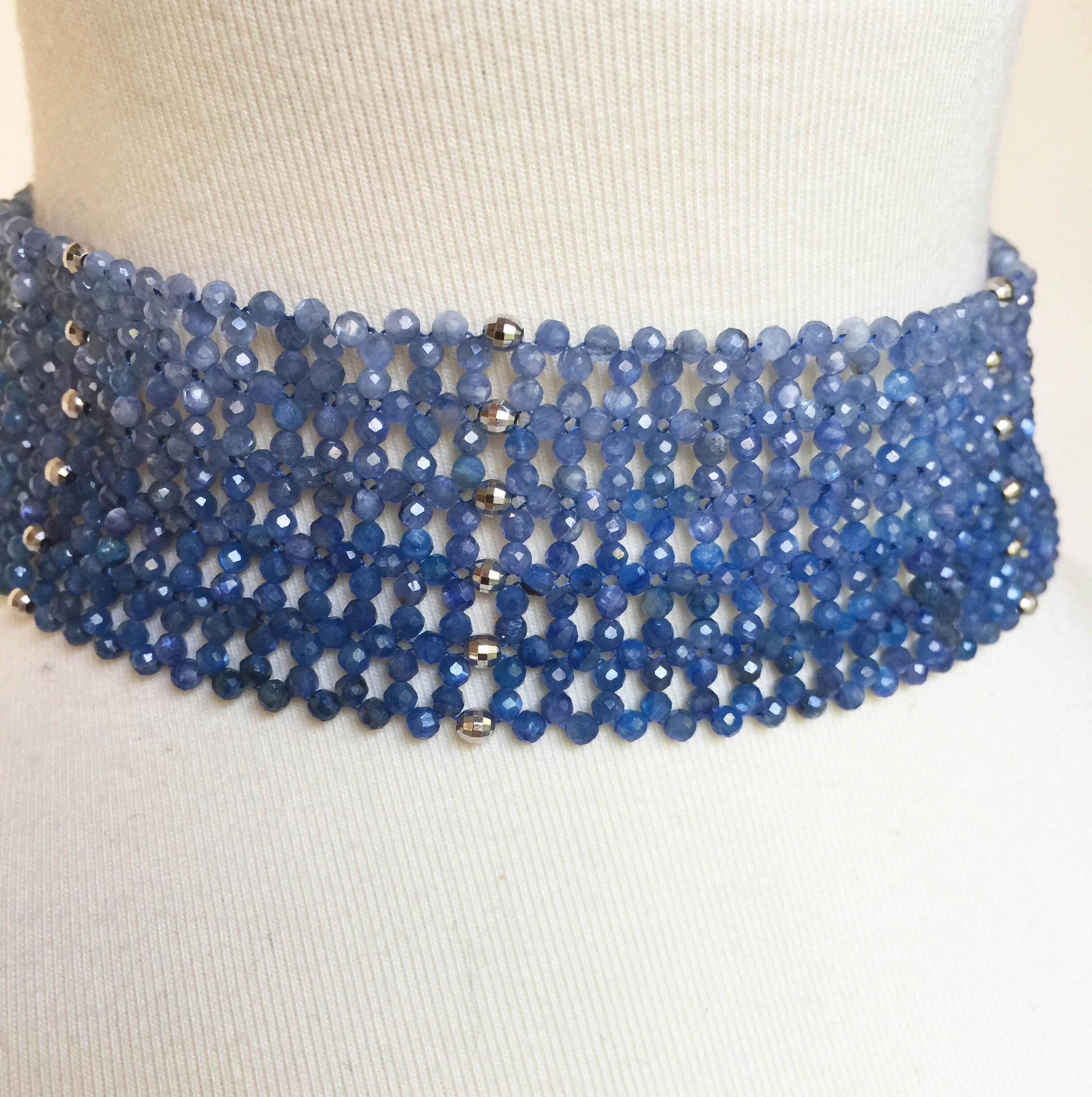 Artist Woven Kyanite Beaded Choker with Sterling Silver Beads and Clasp