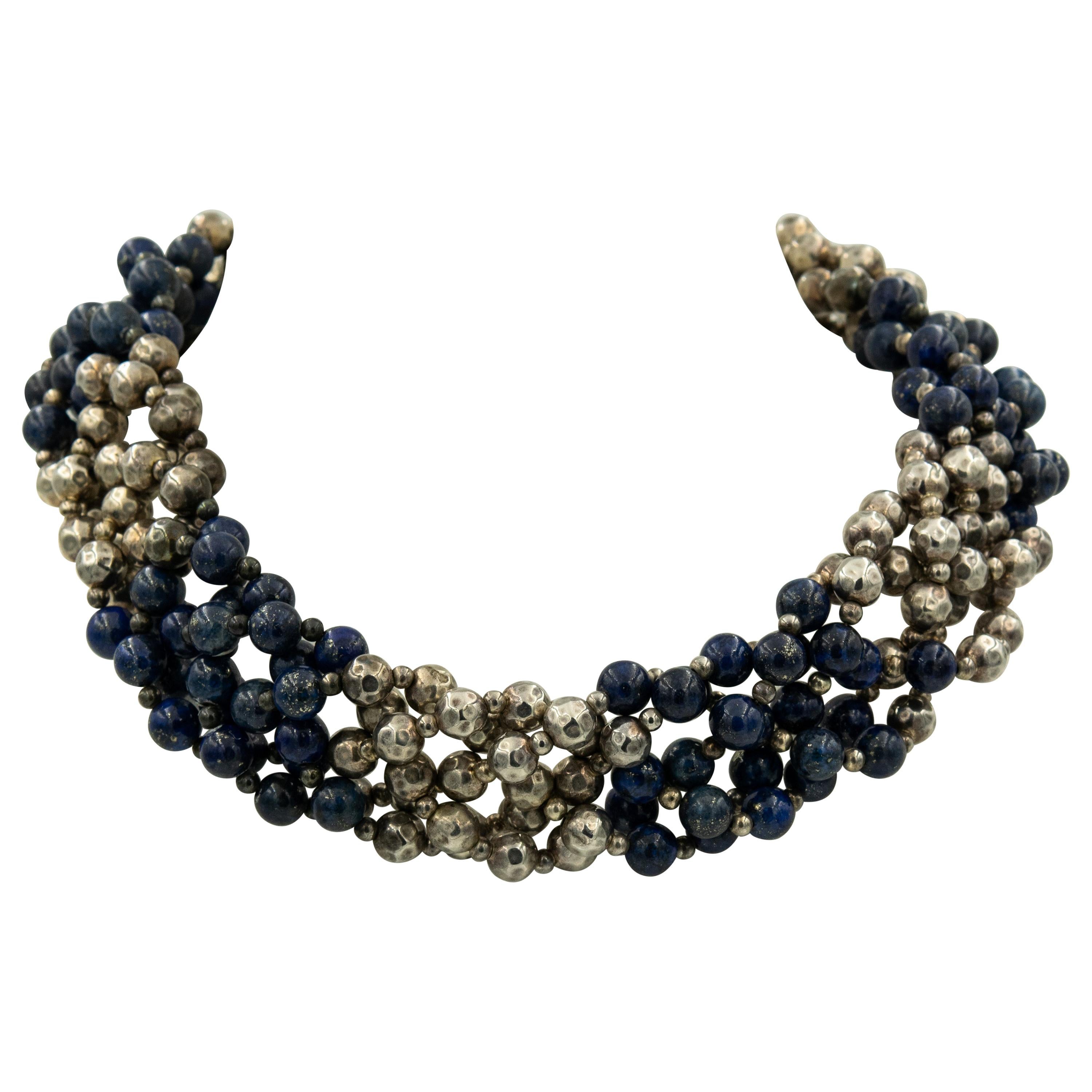 Woven Lapis Lazuli and Hammered Sterling Silver Bead Choker Necklace For Sale