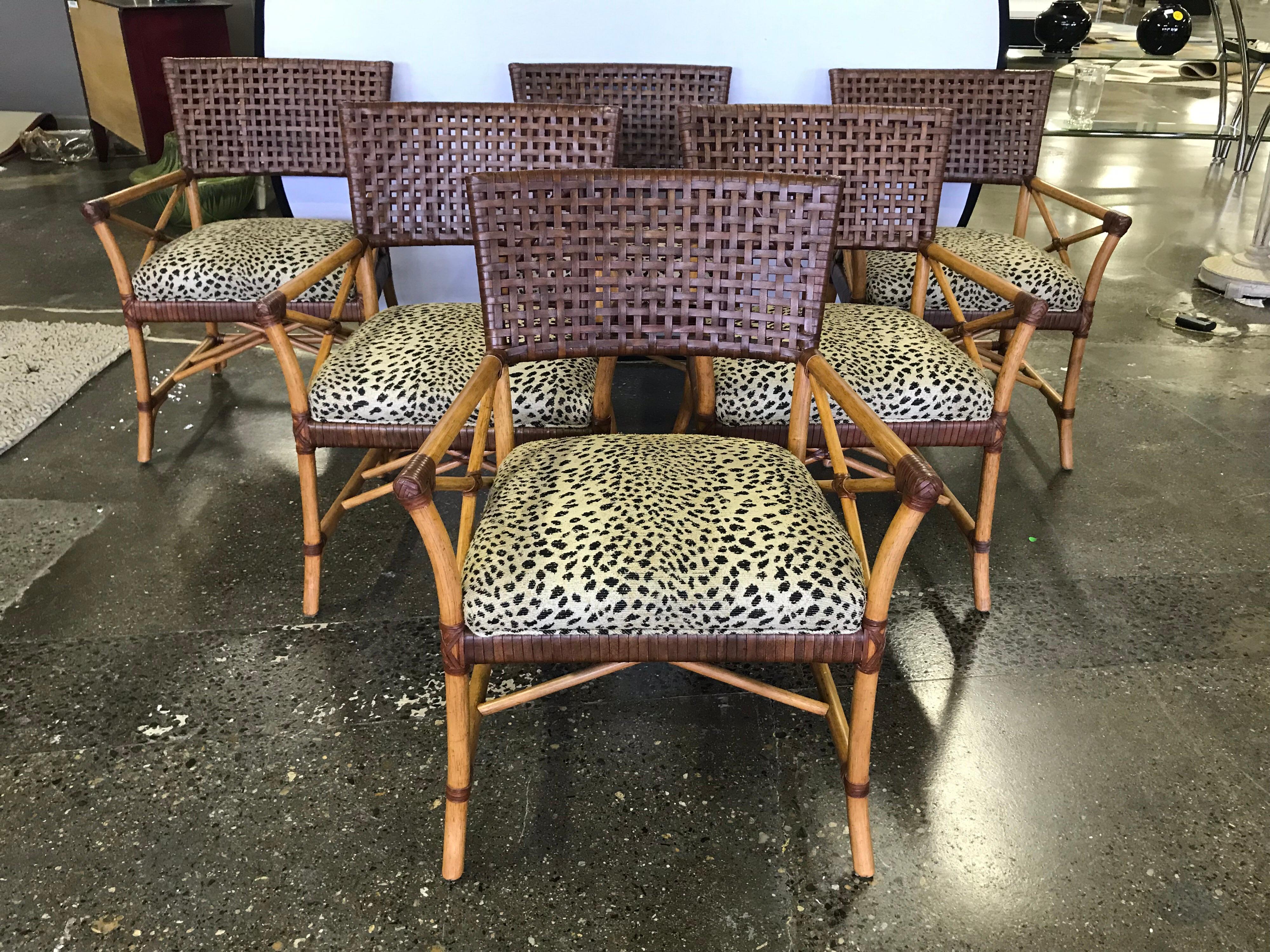Contemporary Woven Leather and Bamboo Dining Chairs with Round Wood Table