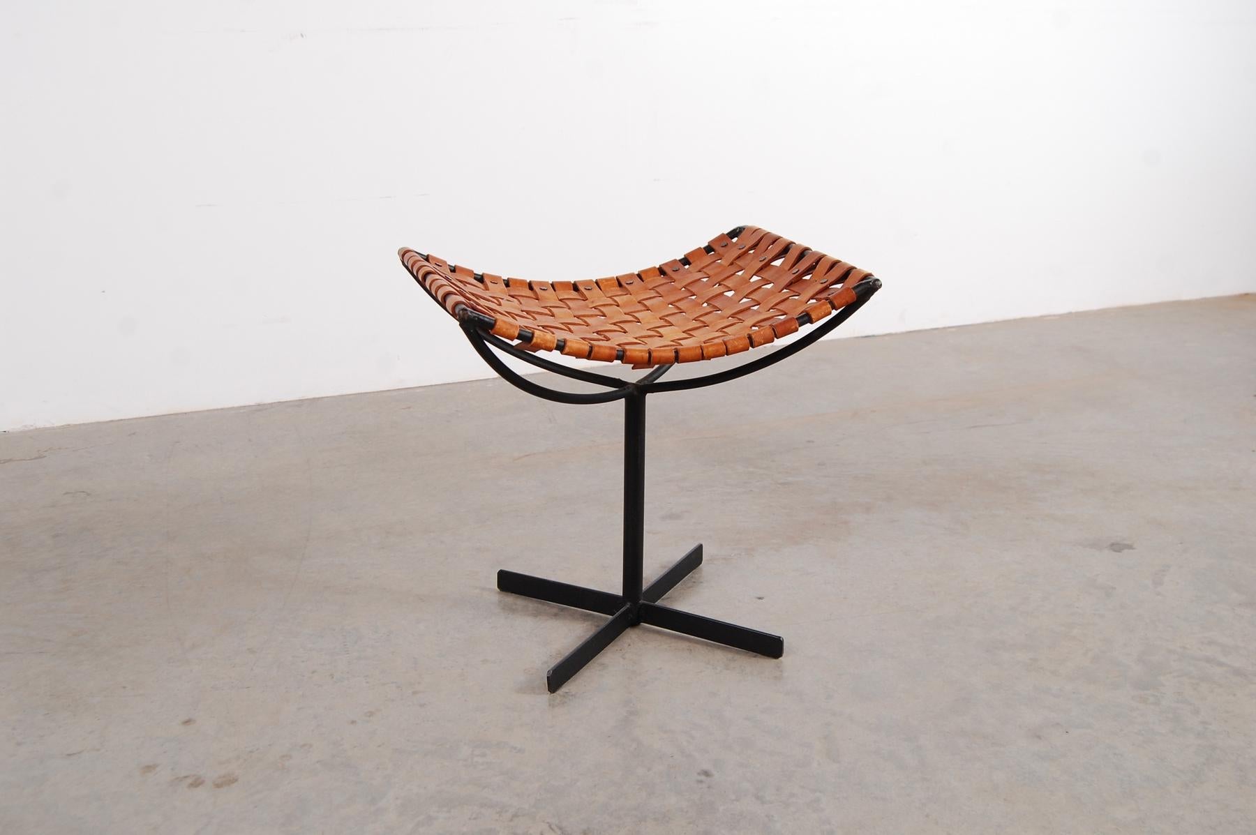 Woven leather and iron stool, designed by Max Gottschalk, circa 1966.
