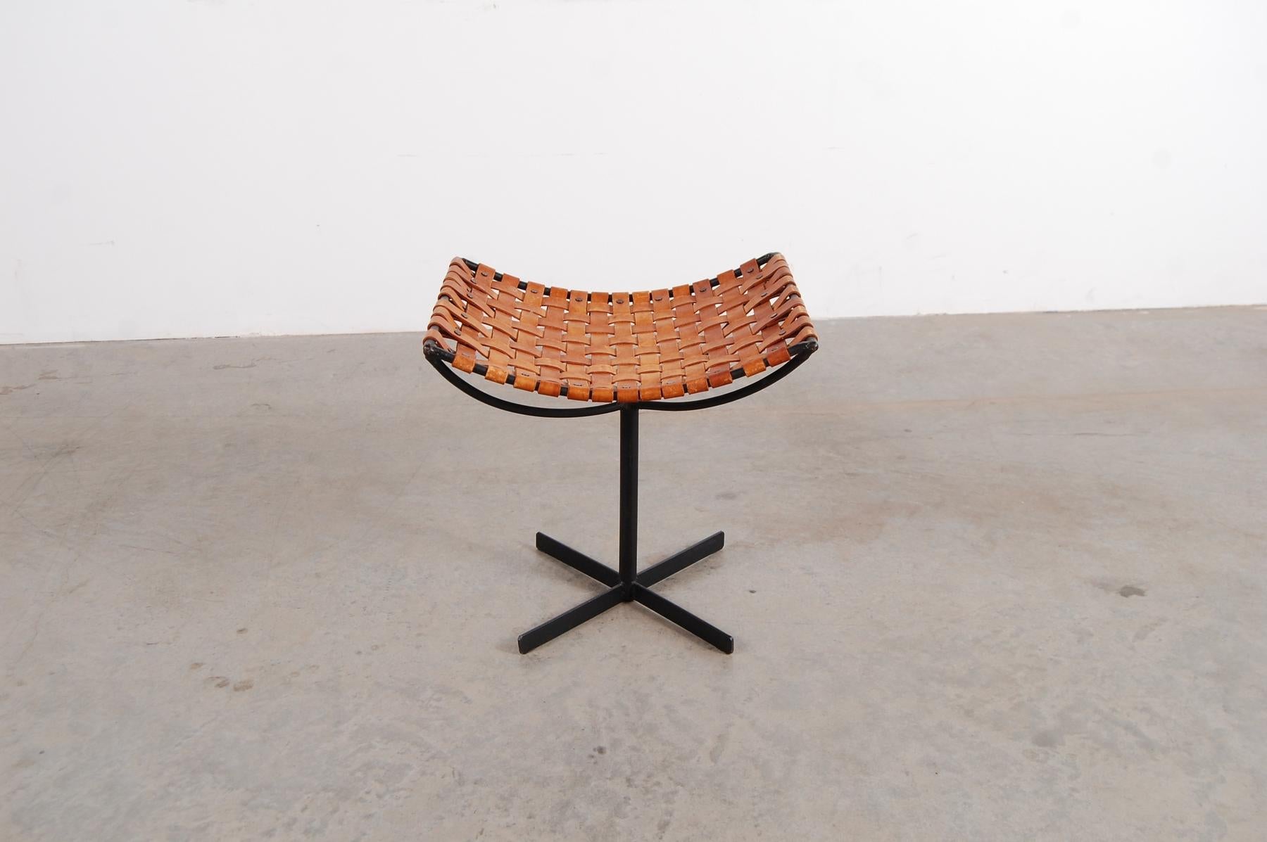 Mid-Century Modern Woven Leather and Iron Stool by Max Gottschalk
