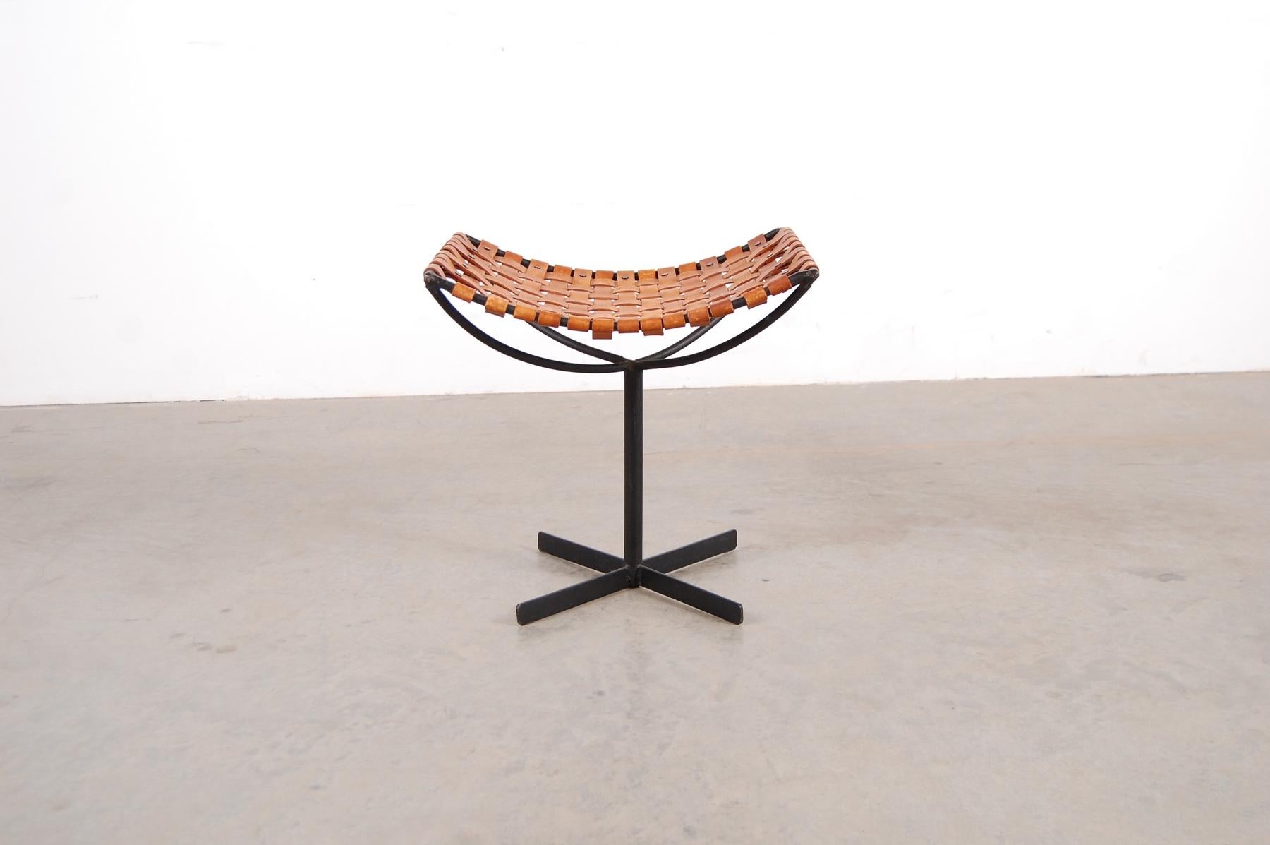 American Woven Leather and Iron Stool by Max Gottschalk