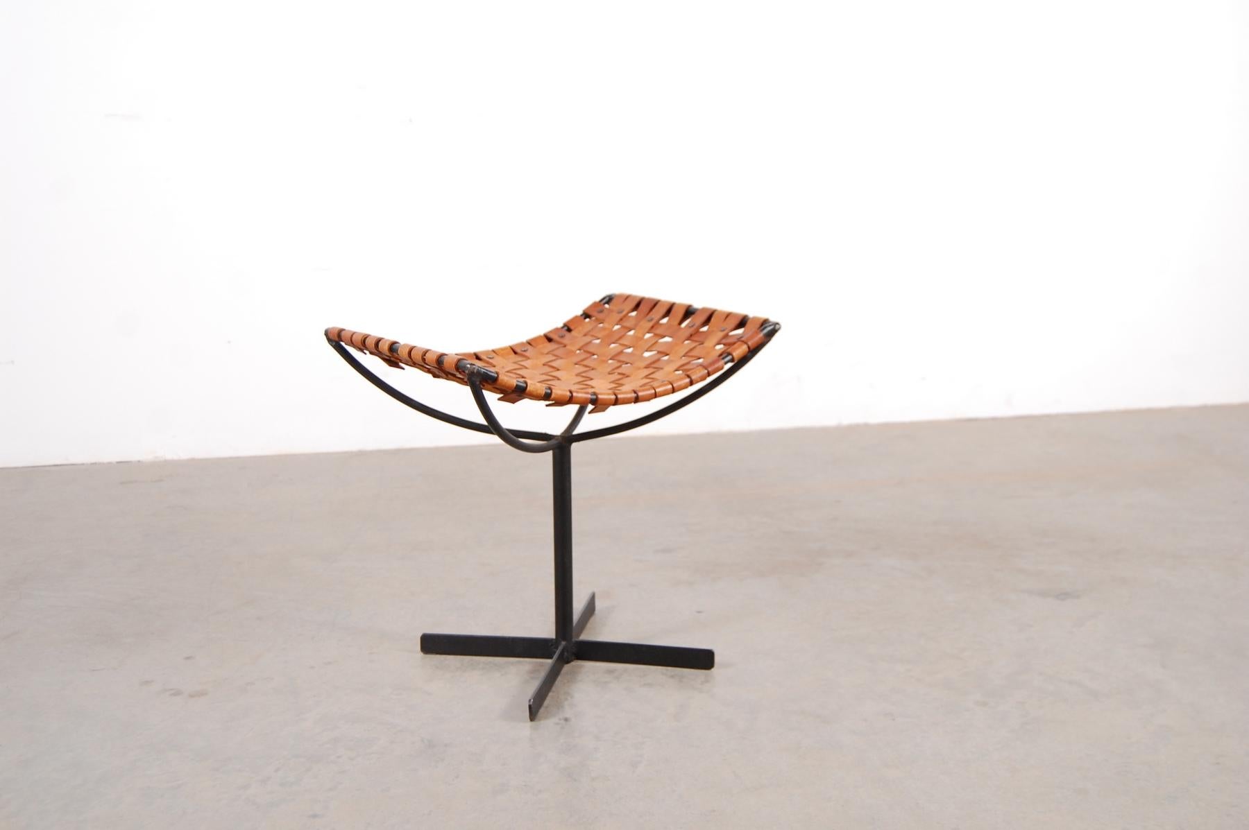 Woven Leather and Iron Stool by Max Gottschalk In Good Condition In Providence, RI
