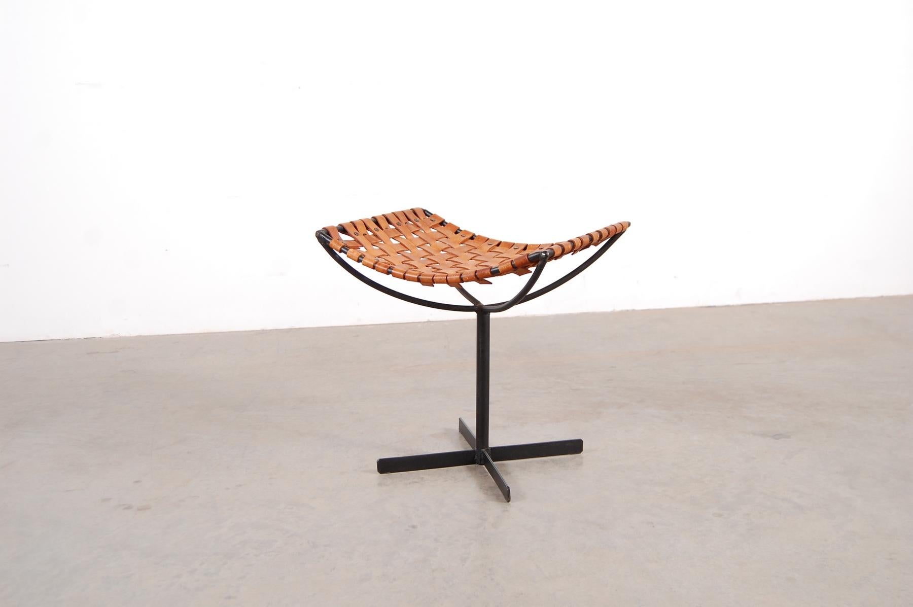 20th Century Woven Leather and Iron Stool by Max Gottschalk