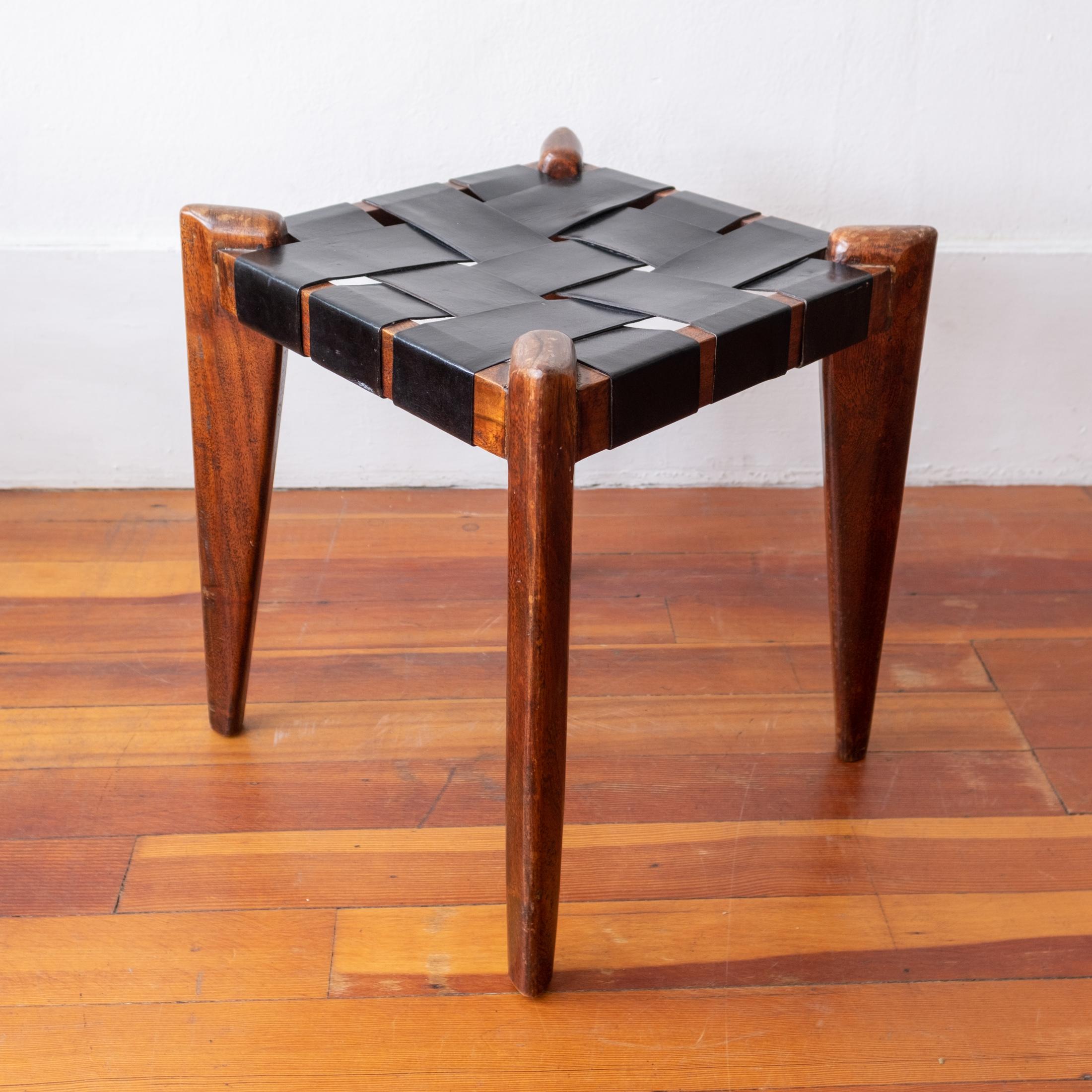 Mid-Century Modern Woven Leather and Solid Teak Stool
