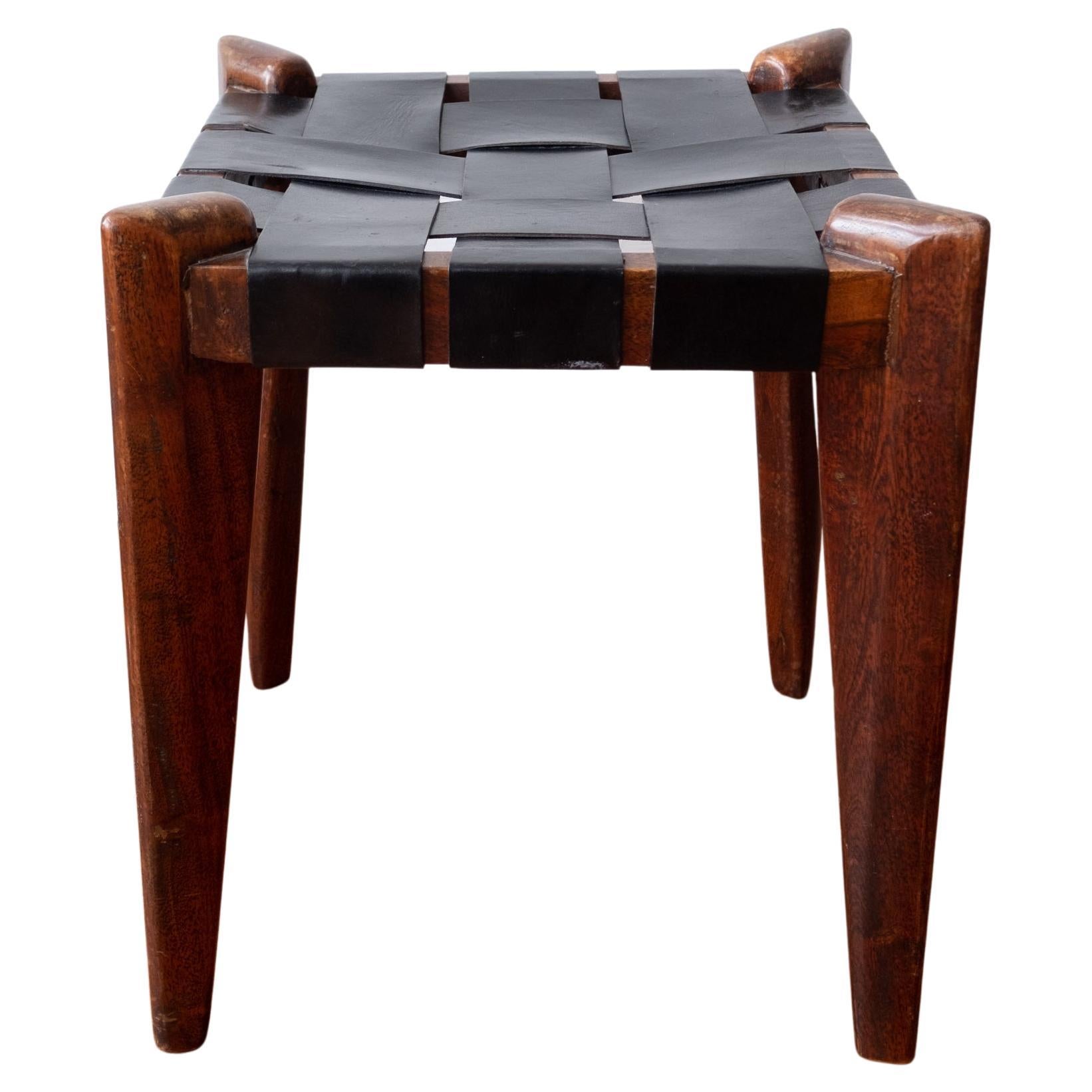 Woven Leather and Solid Teak Stool