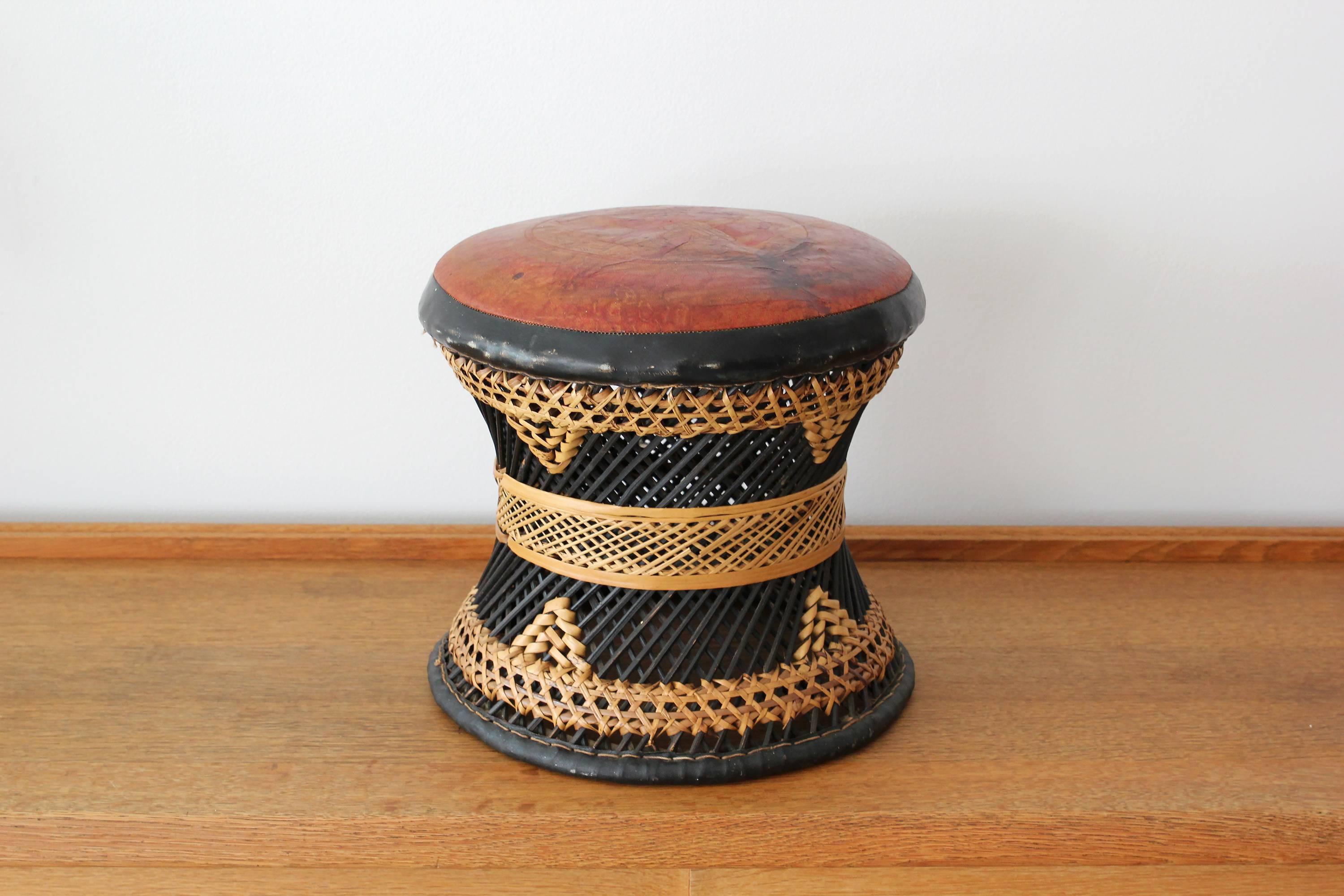 Moroccan Woven Leather and Wicker Stools