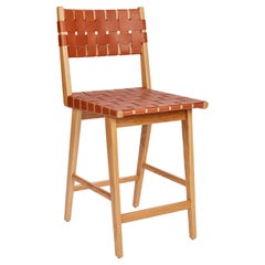 Woven Leather Backed Bar Stool in Oak and Caramel Leather by Mel Smilow