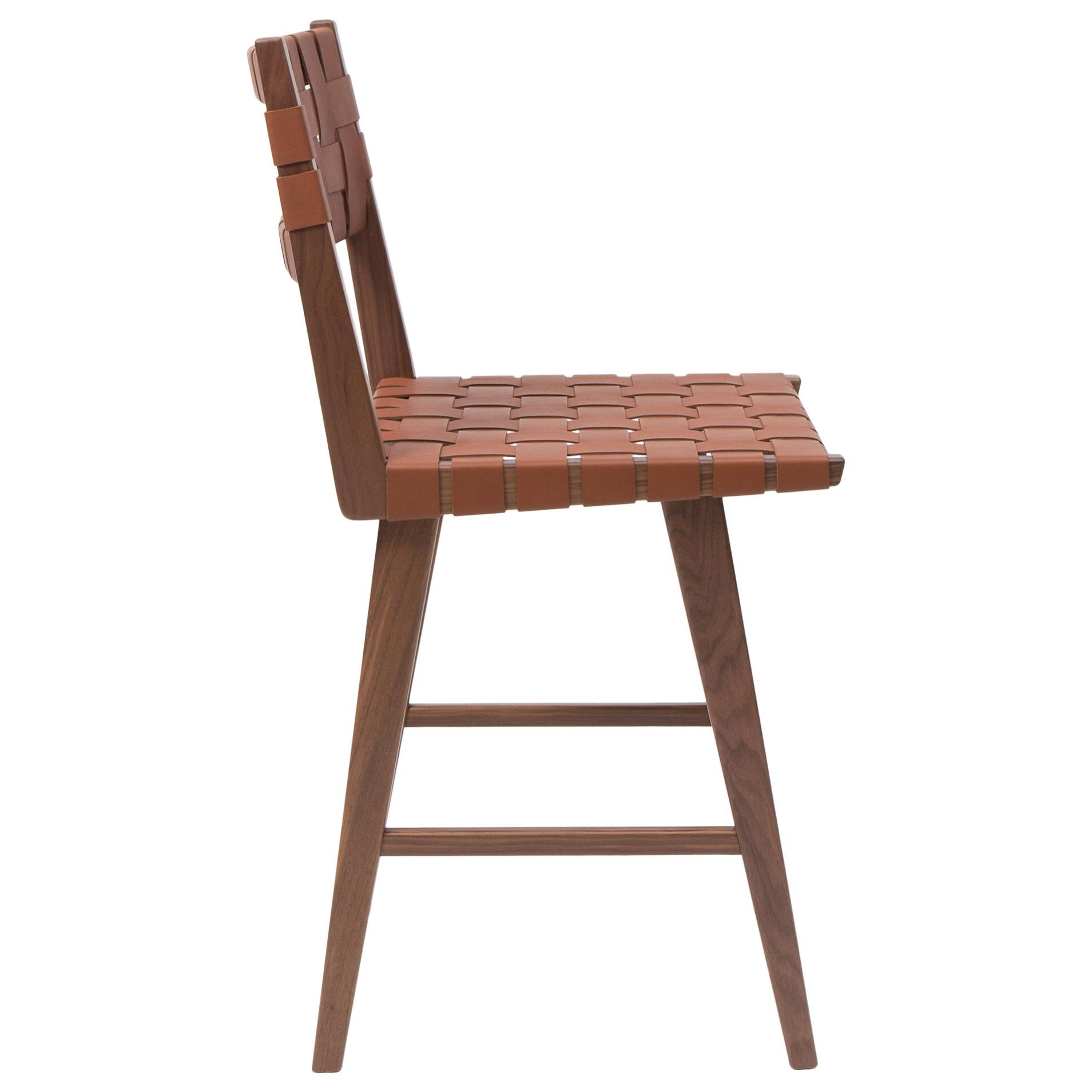 Woven Leather Backed Bar Stool in Walnut and Tan Leather by Mel Smilow