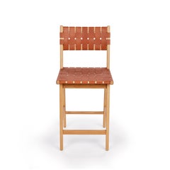Woven Leather Backed Counter Stool in Oak and Caramel Leather by Mel Smilow