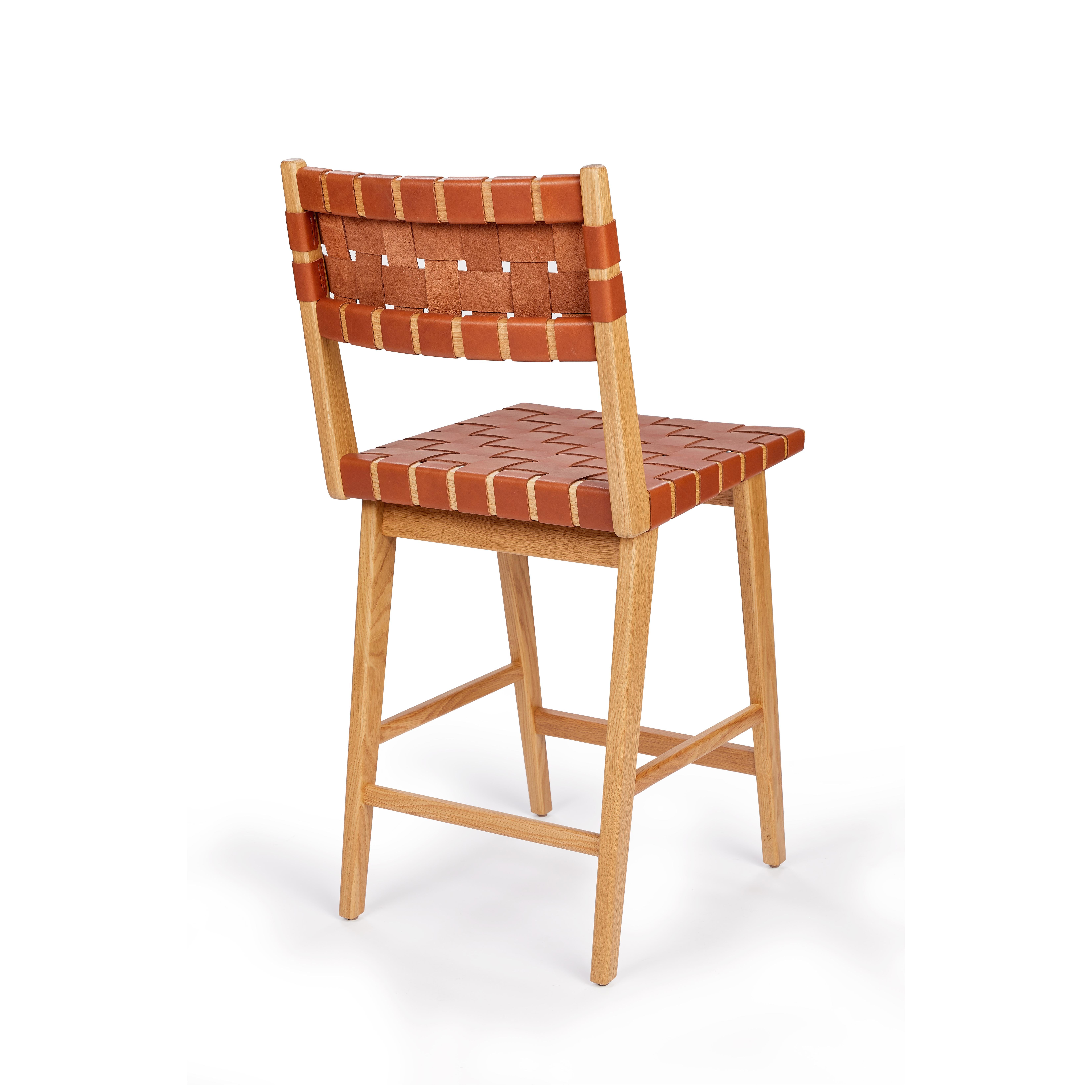 American Woven Leather Backed Counter Stool in Oak and Caramel Leather by Mel Smilow For Sale