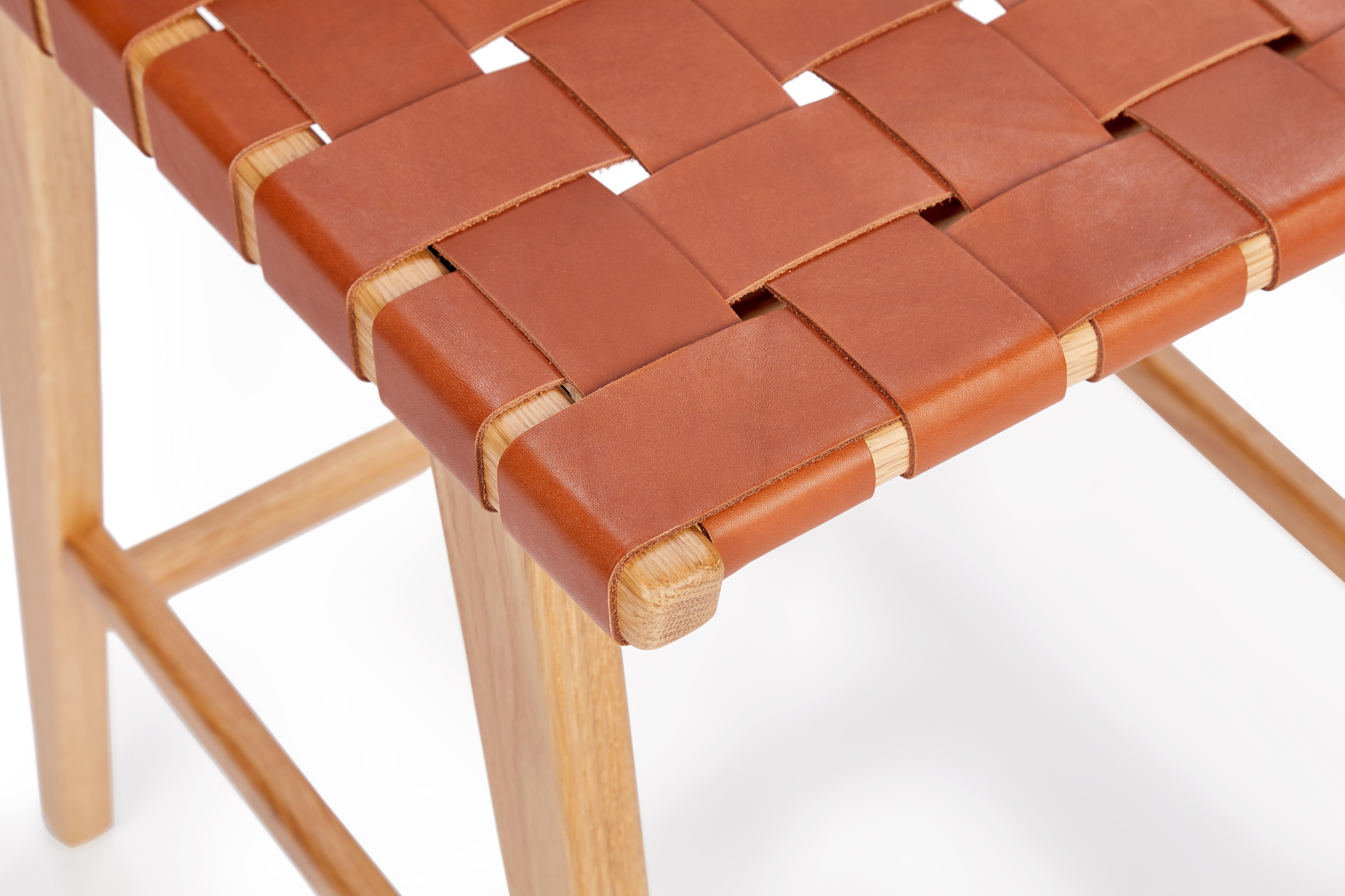 Hand-Crafted Woven Leather Backed Counter Stool in Oak and Caramel Leather by Mel Smilow For Sale