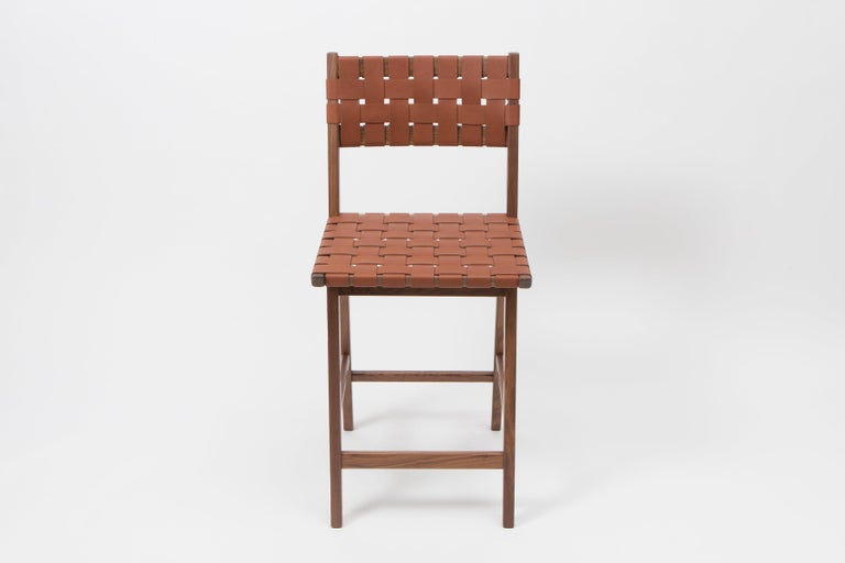 Woven Leather Backed Counter Stool in Walnut and Tan Leather by