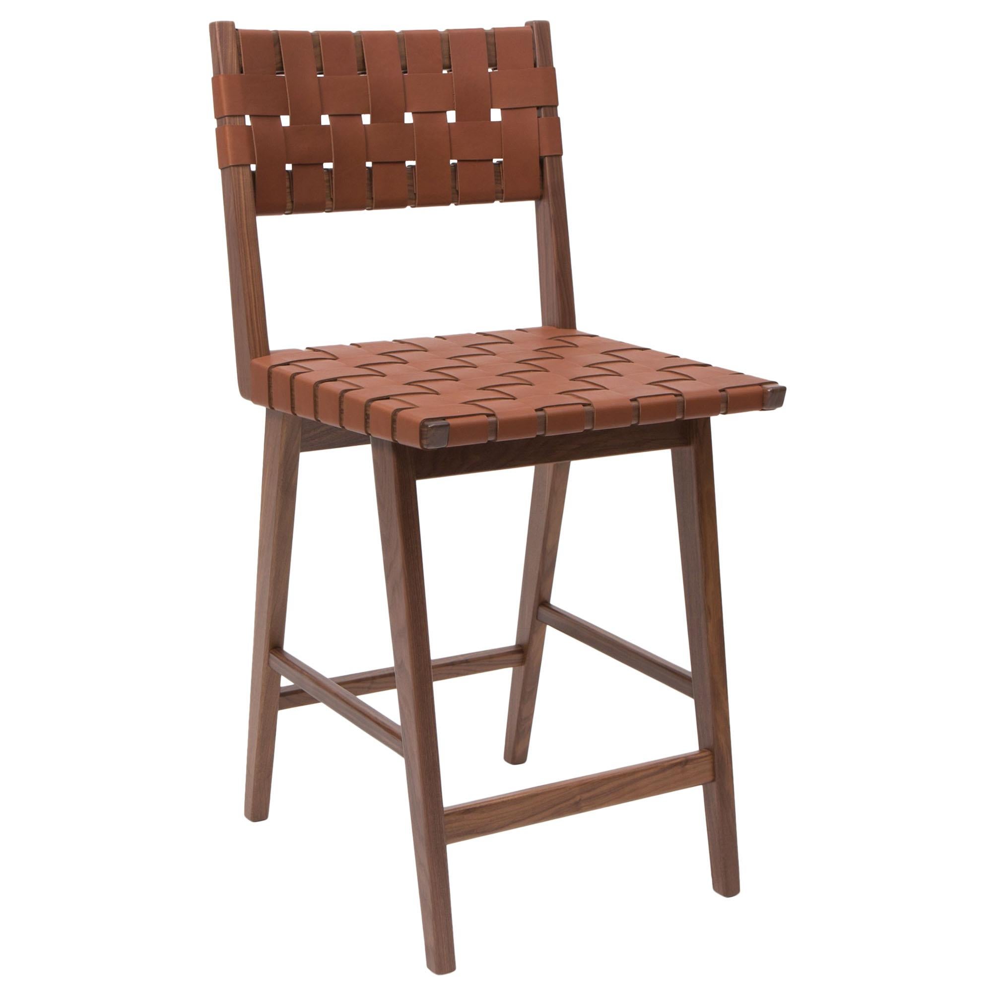 Woven Leather Backed Counter Stool in Walnut and Tan Leather by Mel Smilow