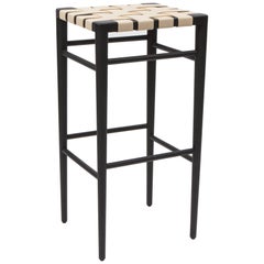 Woven Leather Bar Stool in Ebonized Ash and Cream Leather by Mel Smilow