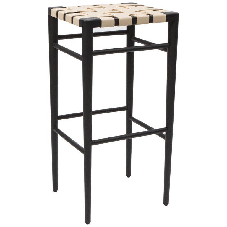 Woven Leather Bar Stool in Ebonized Ash and Cream Leather by Mel Smilow For Sale at 1stDibs