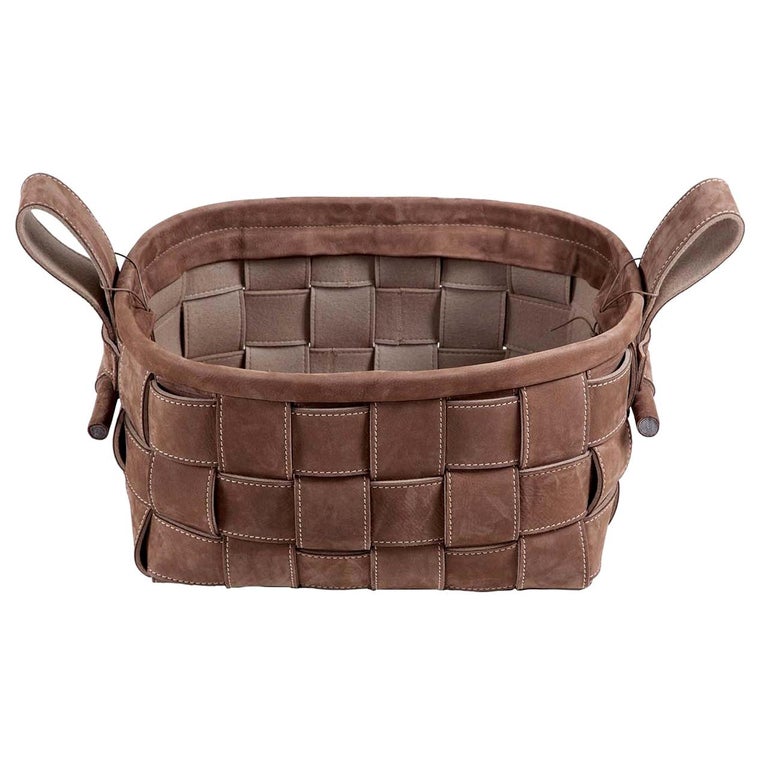 Woven Leather Basket Brown For Sale at 1stDibs