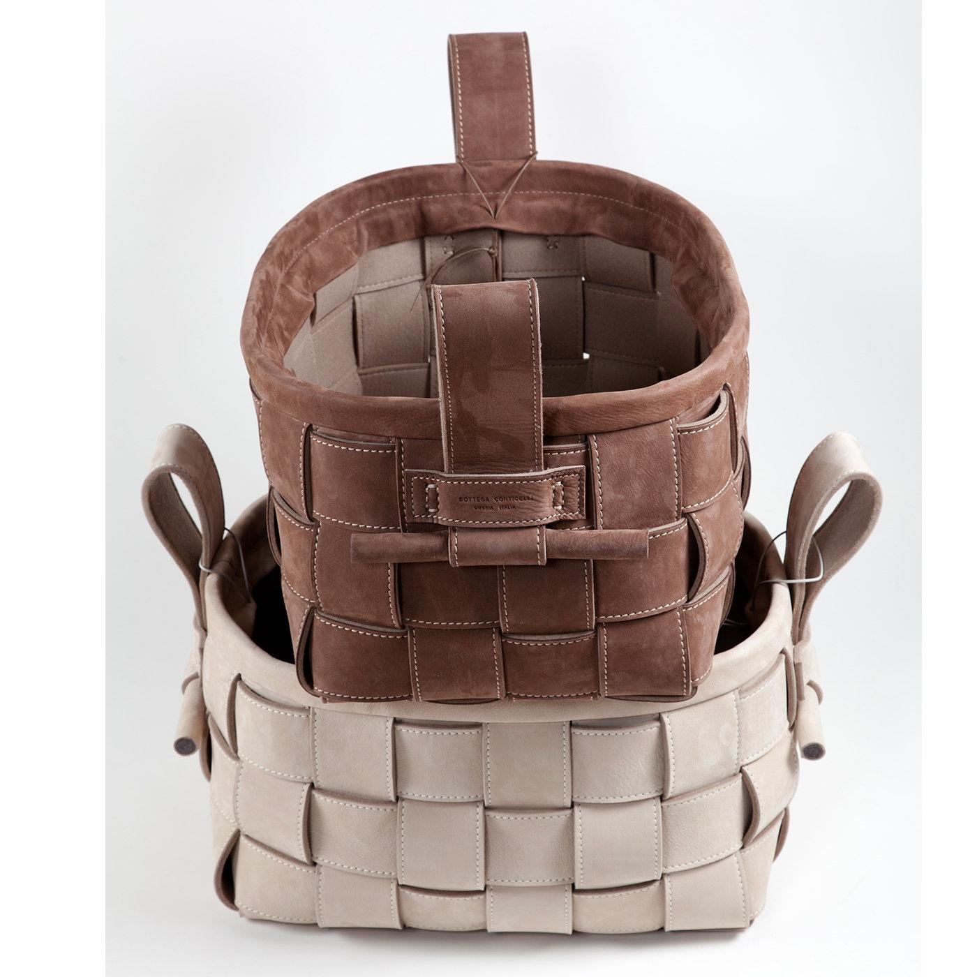 Italian Woven Leather Basket Gray