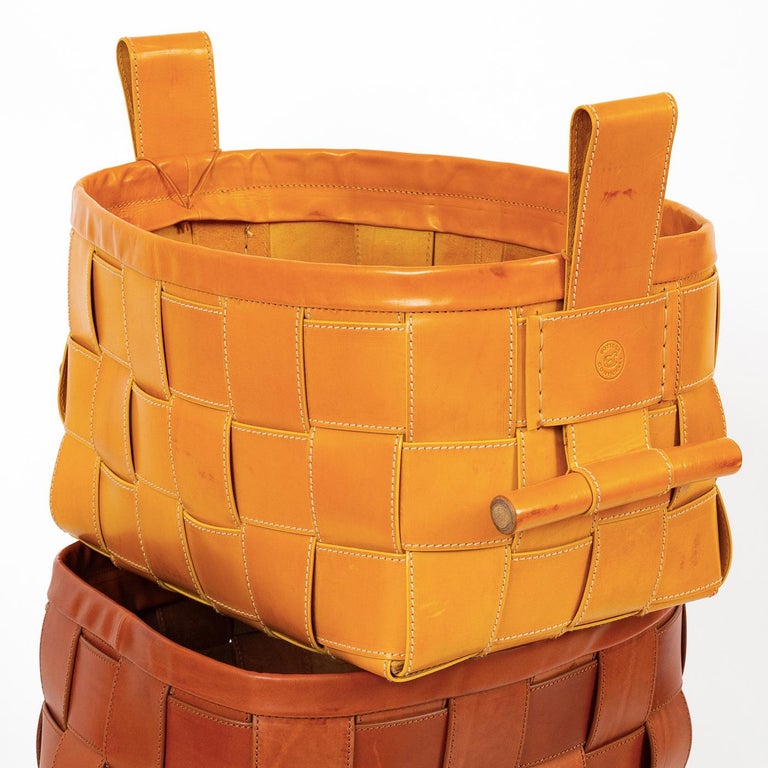 Woven Leather Basket Mustard Yellow For Sale at 1stdibs