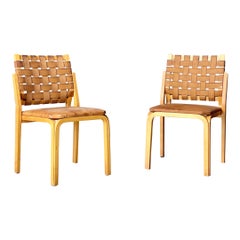 Retro Woven Leather Bentwood Chairs - a Pair