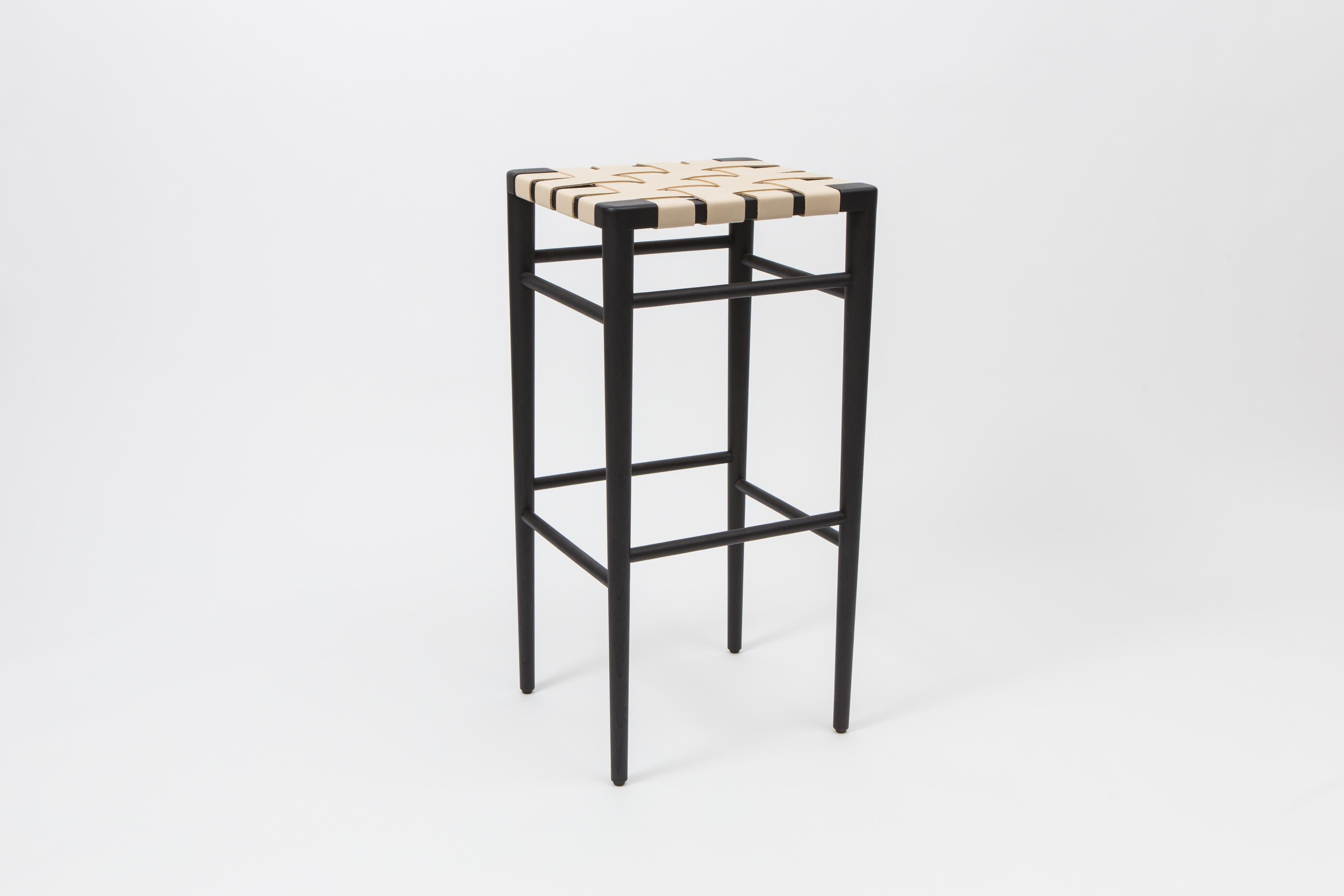American Woven Leather Counter Stool in Ebonized Ash and Cream Leather by Mel Smilow For Sale