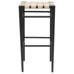 Woven Leather Counter Stool in Ebonized Ash and Cream Leather by Mel Smilow