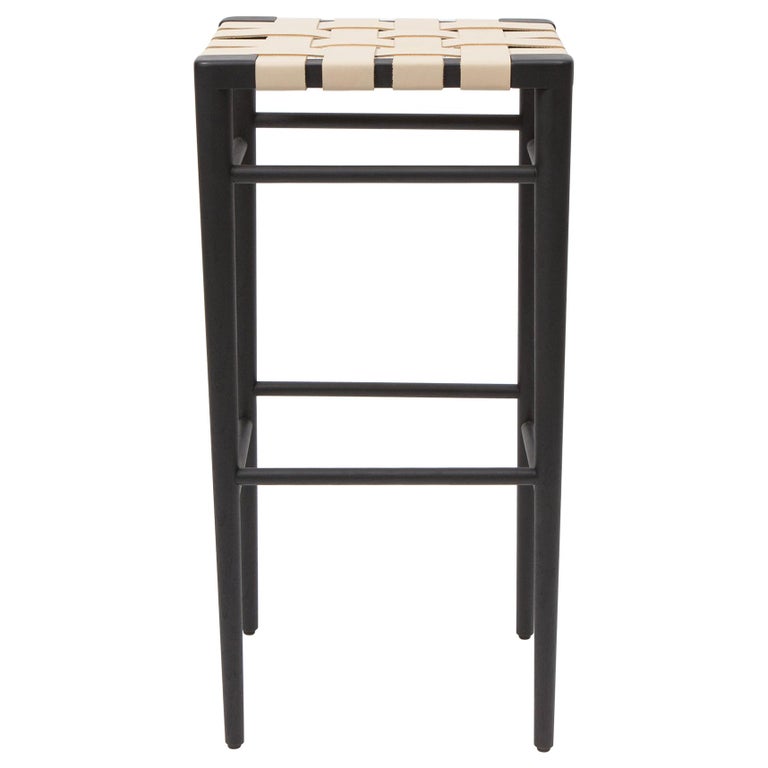 Woven Leather Counter Stool in Ebonized Ash and Cream Leather by