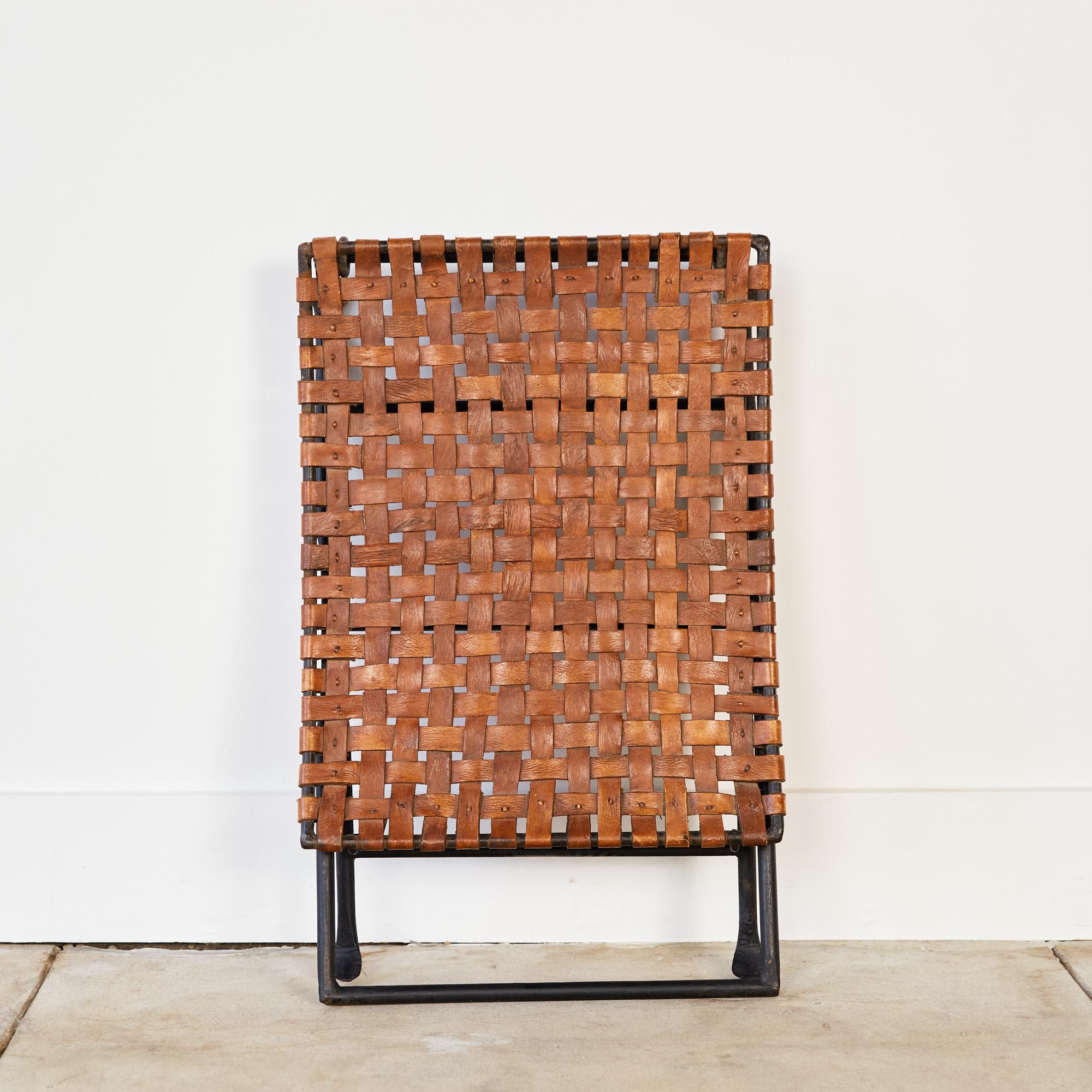Woven Leather Folding Stool In Good Condition In Los Angeles, CA