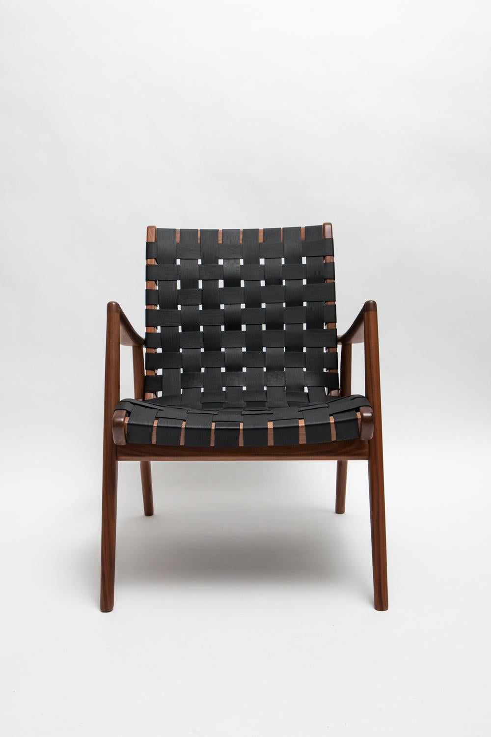Mid-Century Modern Chaise longue en cuir tressé et cuir noir par Mel Smilow en vente