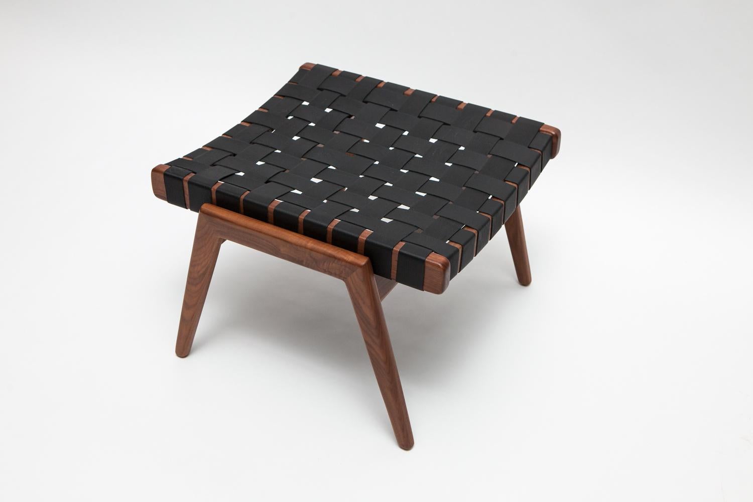 American Woven Leather Ottoman in Walnut and Black Leather by Mel Smilow
