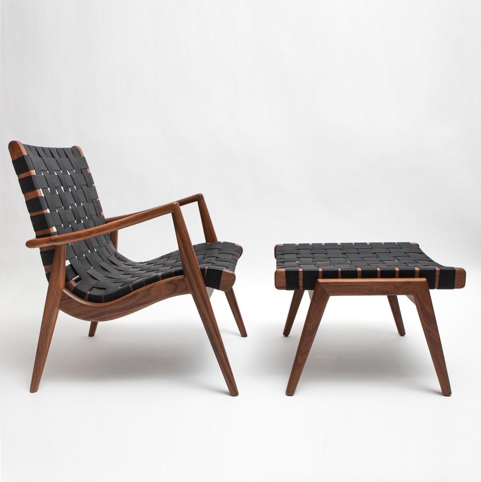 Hand-Crafted Woven Leather Ottoman in Walnut and Black Leather by Mel Smilow