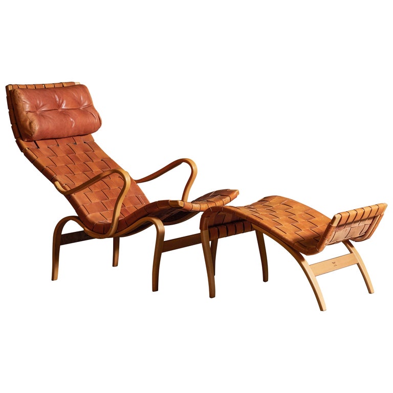 Woven Leather Pernilla 2 Lounge Chair And Ottoman By Bruno Mathsson At 1stdibs